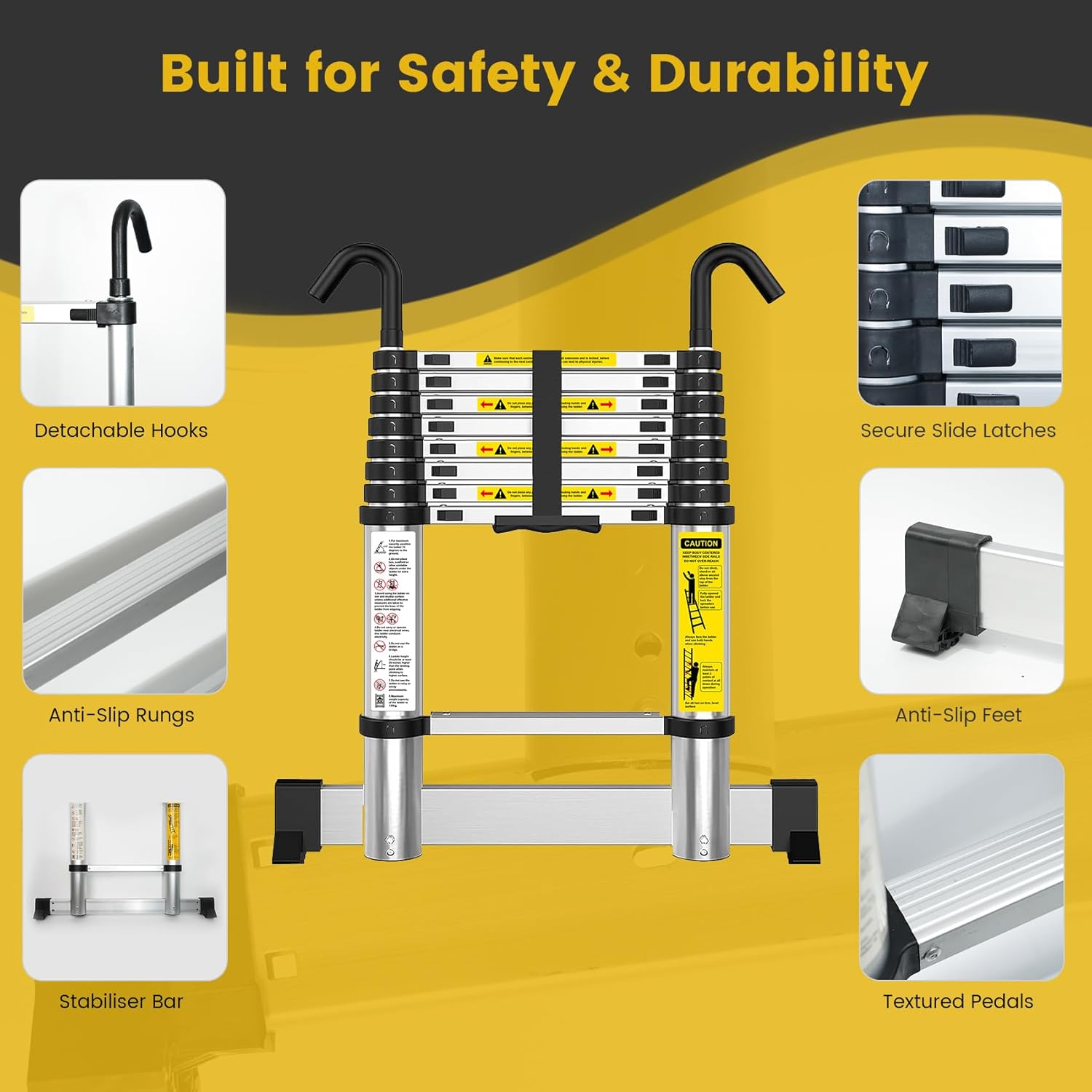 Detalle de EASelect Telescopic Ladder 3.8m Aluminium Extension Loft Ladder (EN131) with Stabiliser Bar