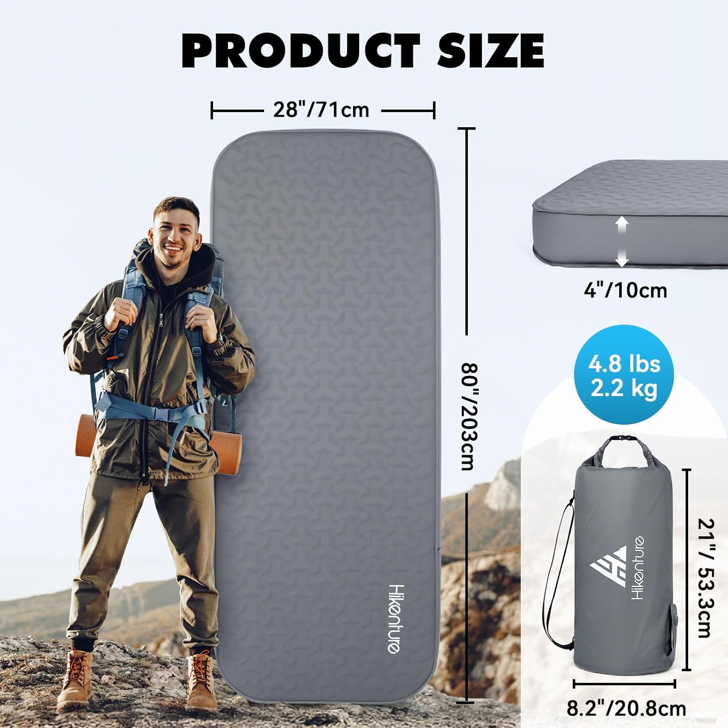 Thumbnail 5 de HIKENTURE Self-Inflating Sleeping Pad — 4" Thick, 9.5 R-Value, All-Season Camping Mat (Slate Grey, Single, 203x71x10cm)
