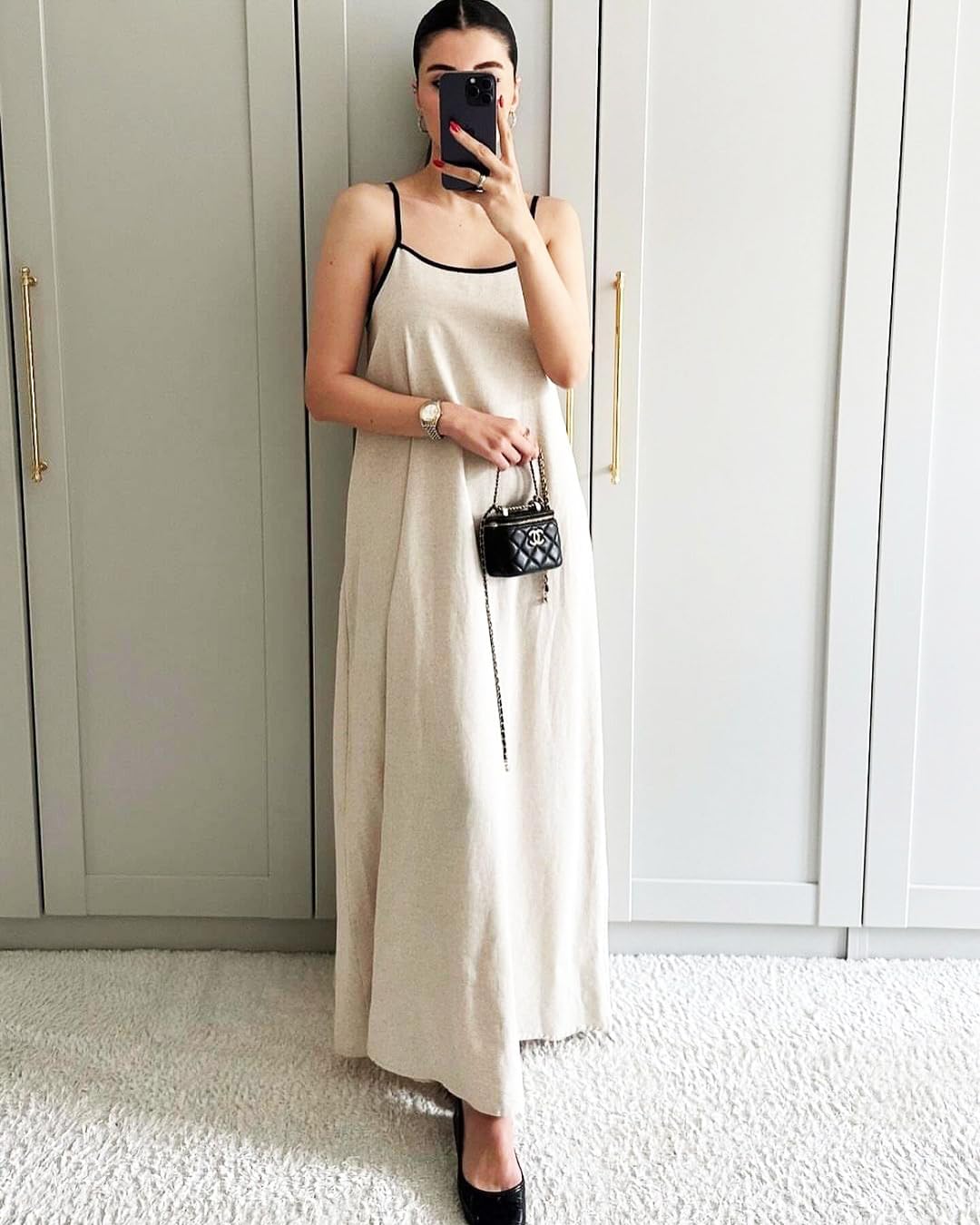 Thumbnail 1 de Shy Velvet Linen Maxi Dress (Women’s) — Back Tie, Contrast Trim & Spaghetti Straps