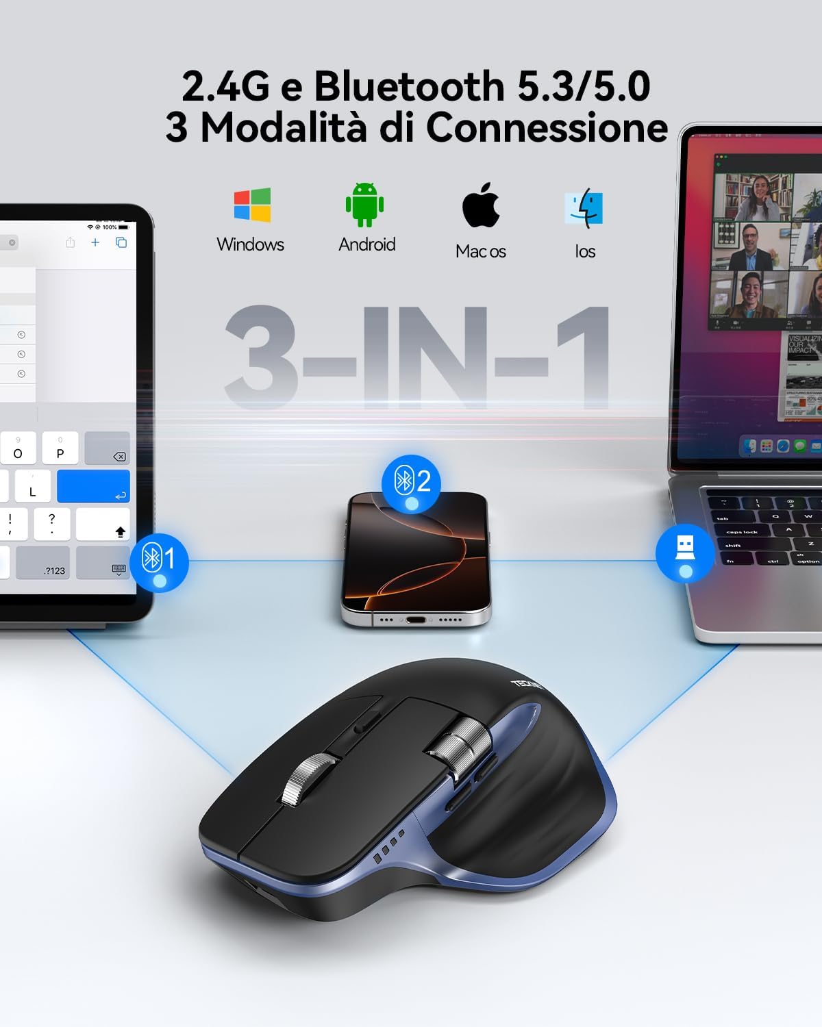 Detalle de TECKNET Mouse Wireless Bluetooth ad Alte Prestazioni: Ergonomico, 4800 DPI, Rotella Orizzontale e Ricarica USB-C