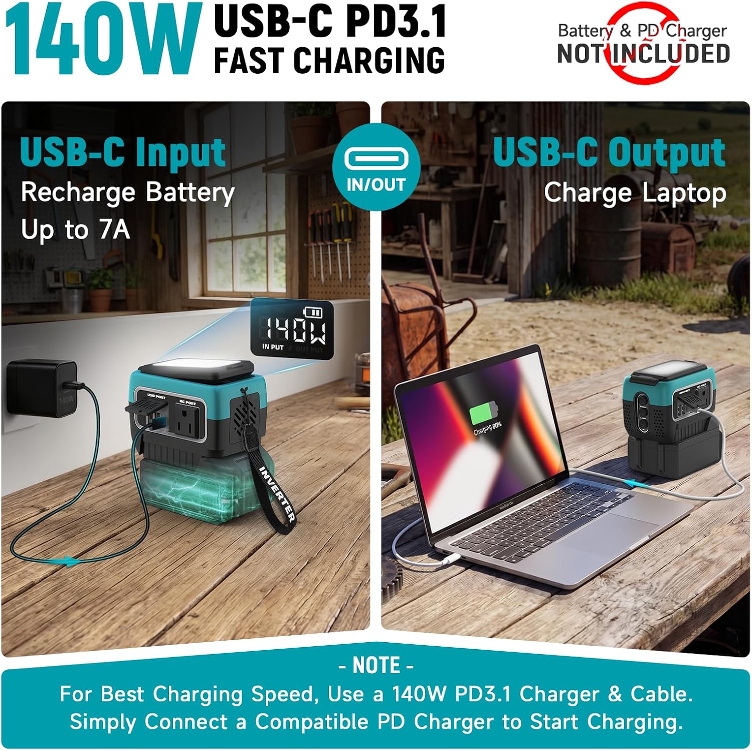 Detalle 2 de Kzreect 240W純正正弦波インバーター マキタ18V対応、140W USB-C PD3.1・120V AC・600LMライト搭載