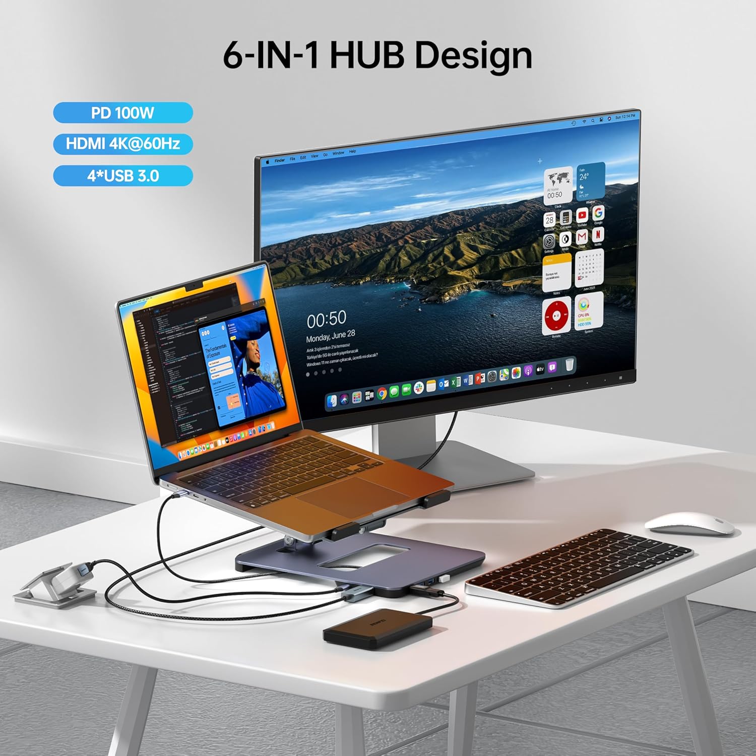 Detalle de BENFEI: Supporto per laptop in alluminio con docking 6 in 1 – HDMI 4K@60Hz, 4x USB 3.0, 100W PD