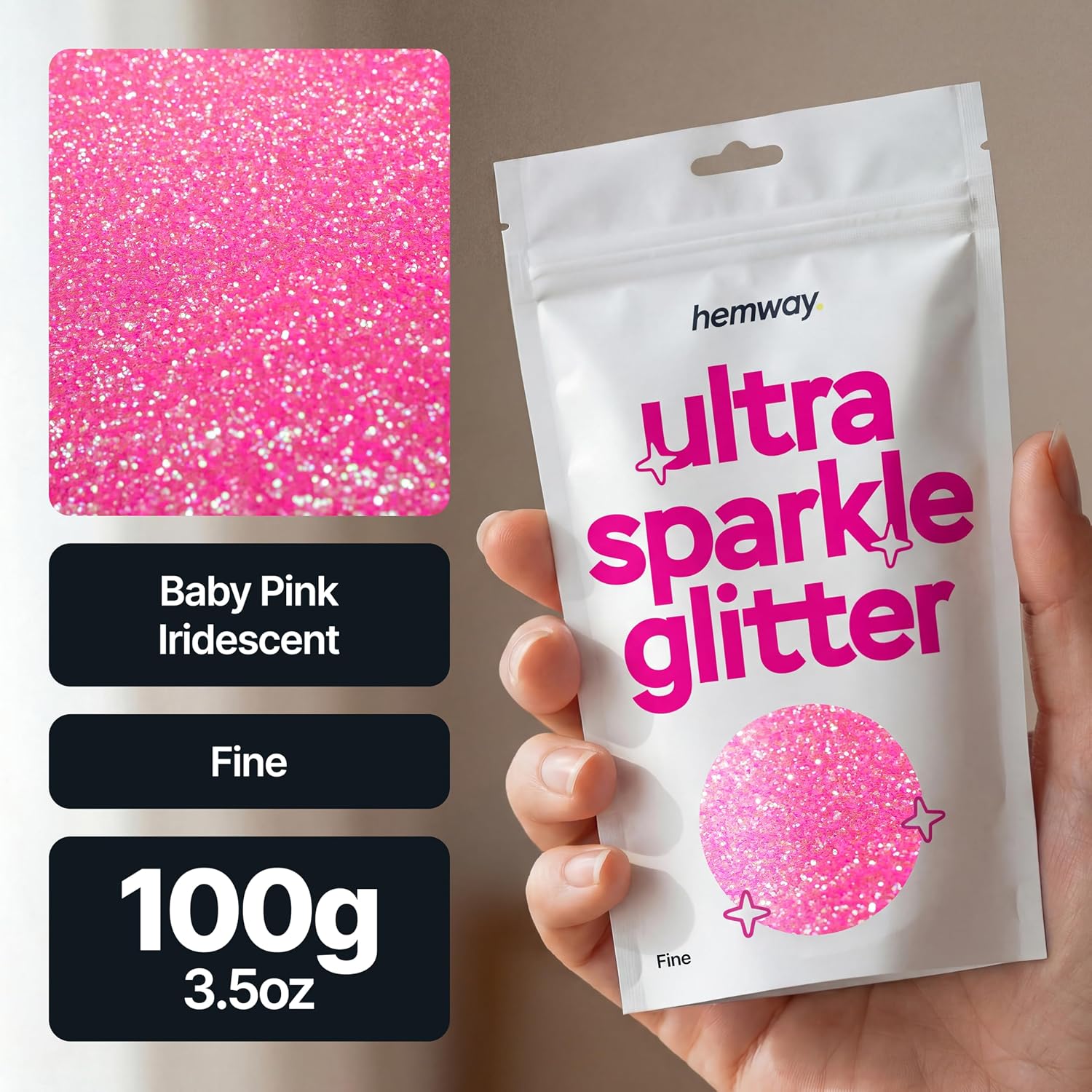Thumbnail 1 de Hemway Ultra Sparkle Glitter Baby Pink Iridescent 100g – Fine Size