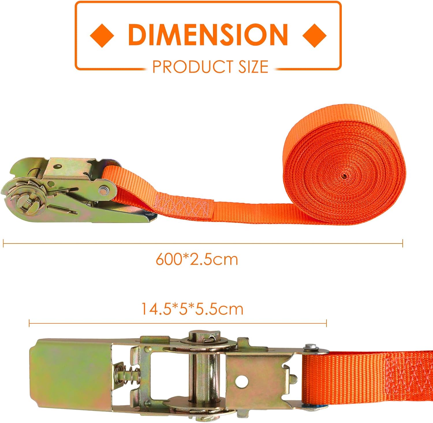 Thumbnail 4 de Lot de 10 sangles à cliquet en polyester 800 kg (6 m x 25 mm) orange, tendeur compatible CE