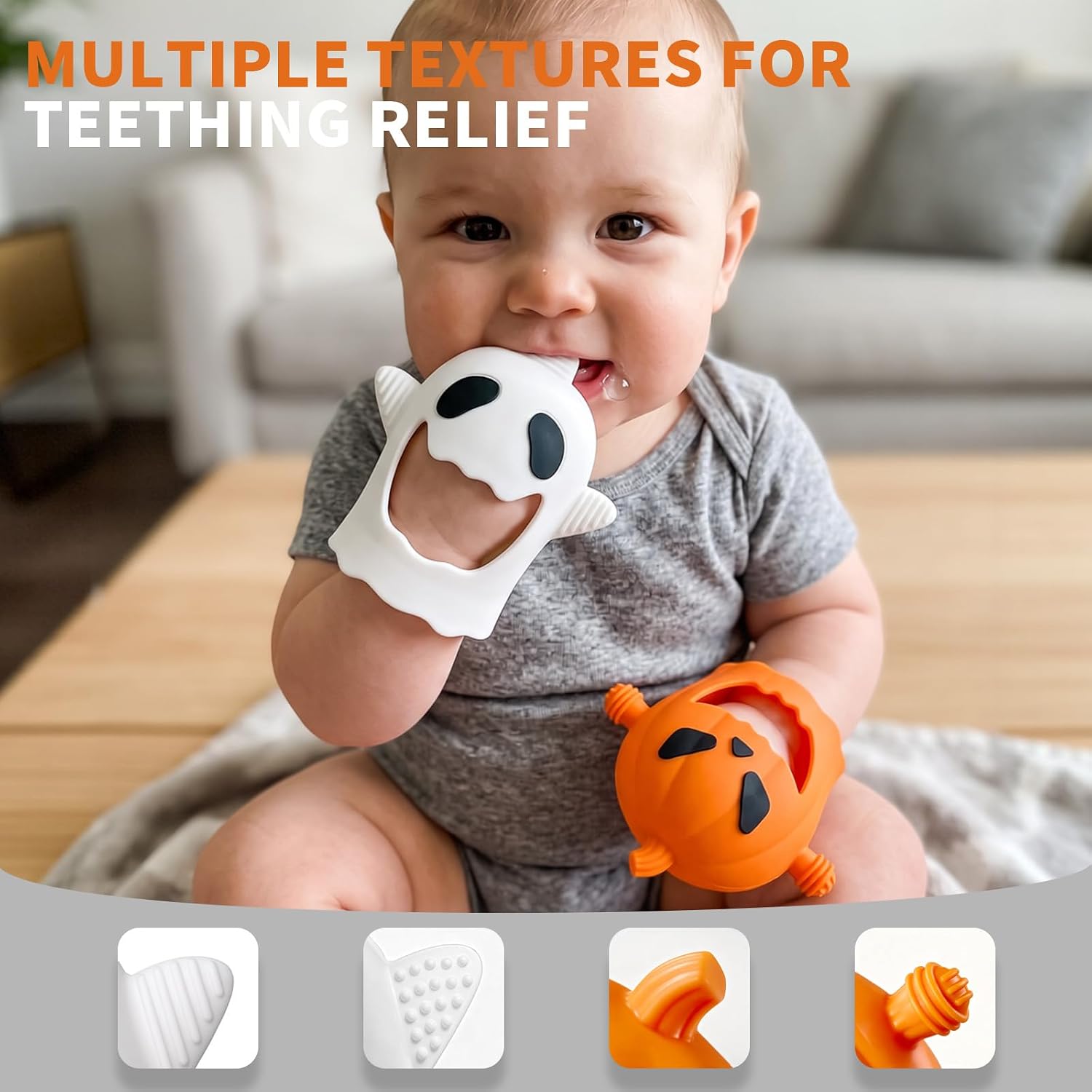 Detalle de CulinaCraft Pumpkin & Ghost Baby Teething Mittens in Food-Grade Silicone