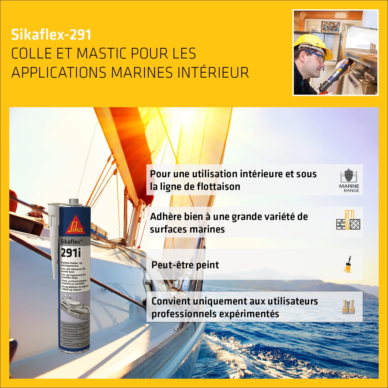 Detalle de SIKA Colle-mastic multi usage spécial Marine - Sikaflex 291i Noir 300 ml