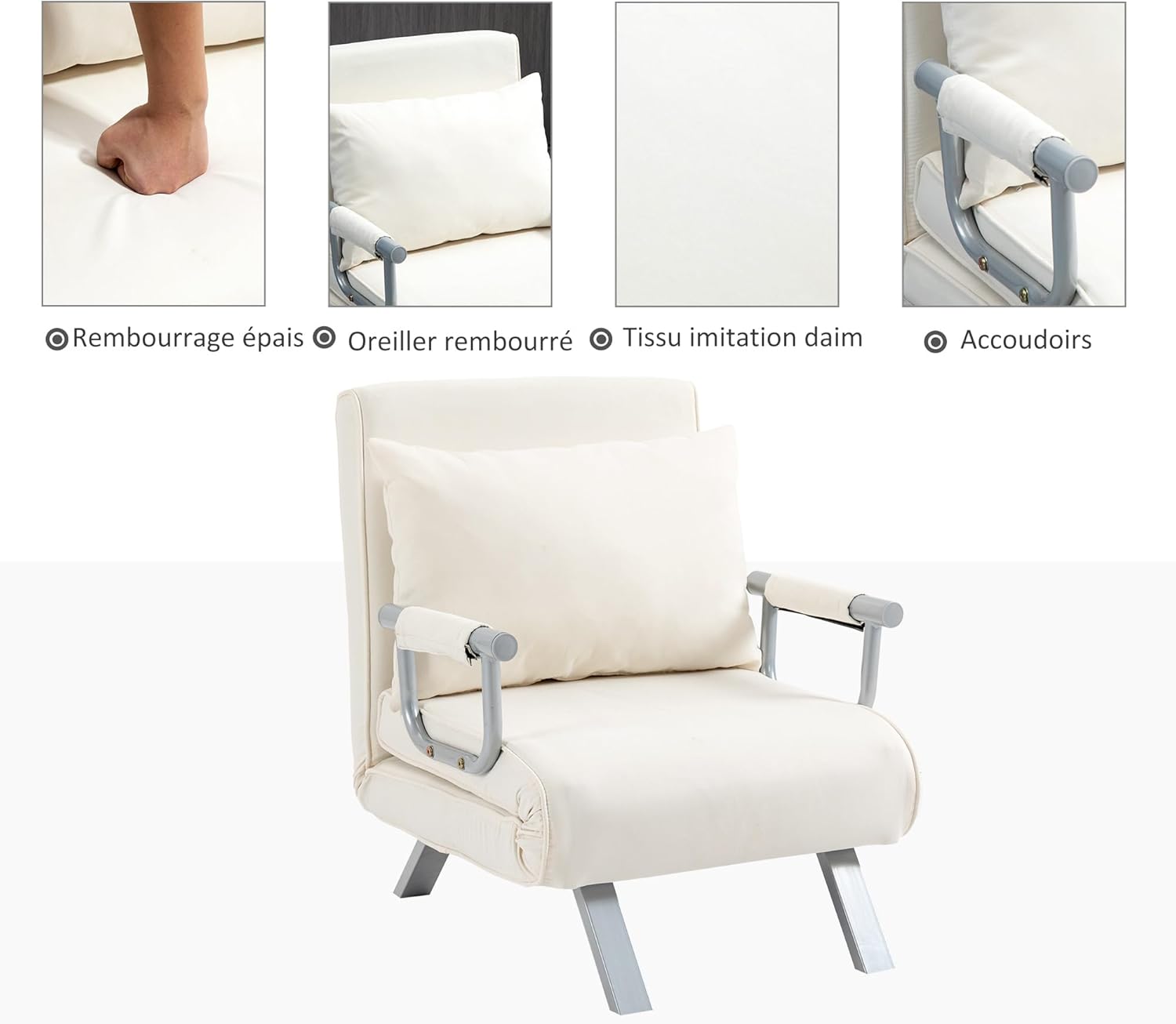 Thumbnail 5 de HOMCOM Fauteuil chauffeuse canapé-lit 1 place – Grand Confort, coussin et accoudoirs métal, revêtement suède blanc