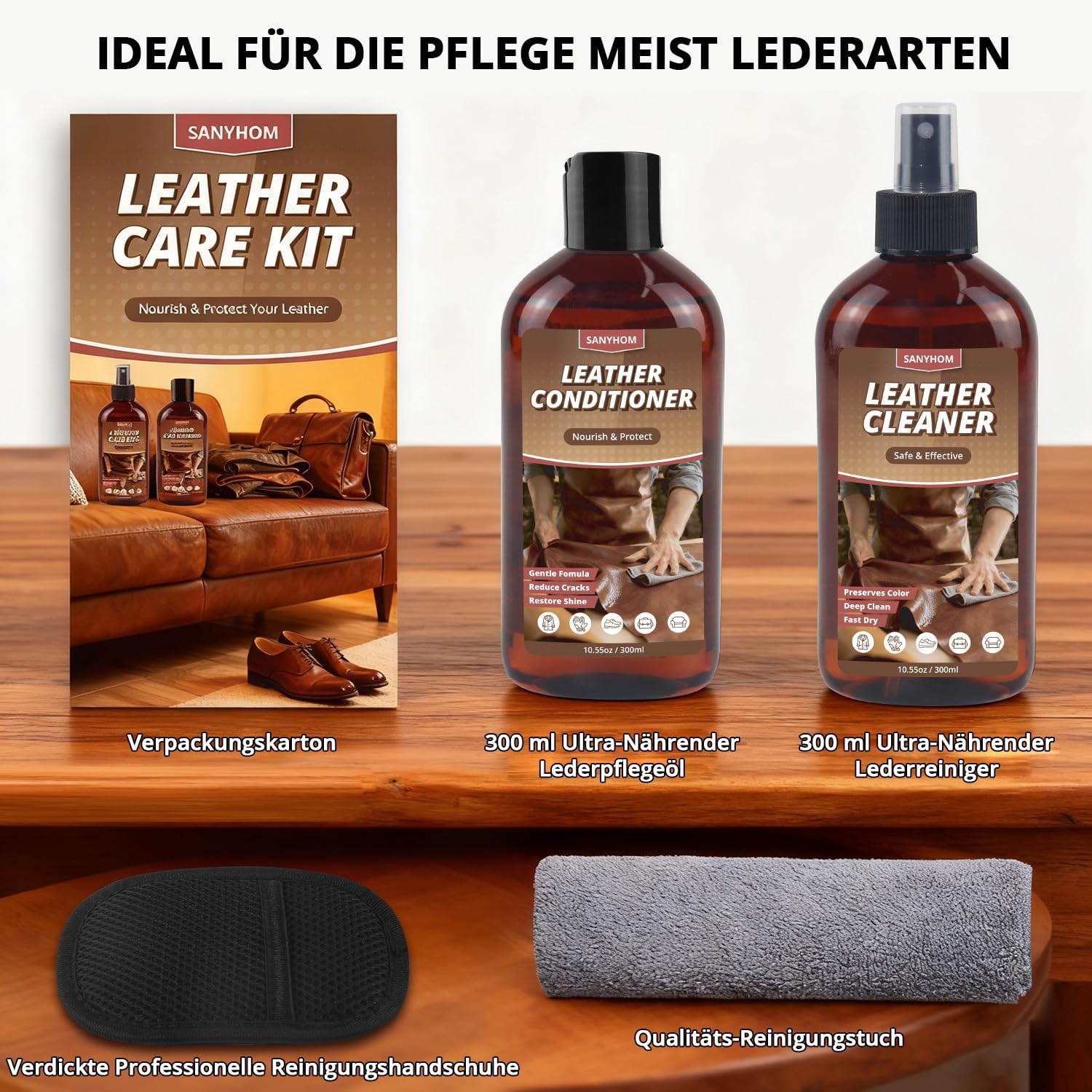 Thumbnail 1 de SANYHOM Lederpflegeset mit Lederreiniger & Pflegemittel – inkl. Reinigungstuch-Handschuh, 2× 300 ml