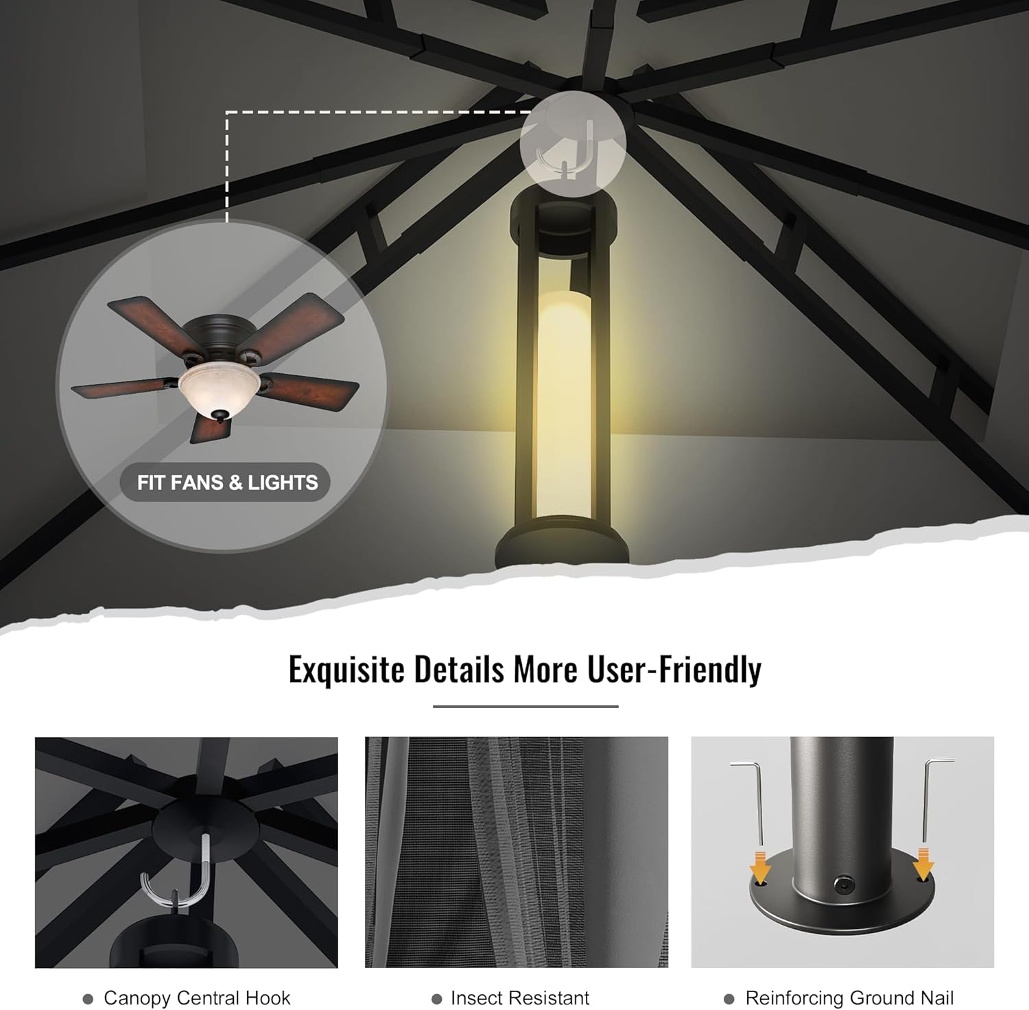 Thumbnail 3 de UDPATIO Tonnelle de jardin extérieure 2,8x2,8 m double toiture avec moustiquaire – gris