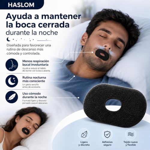 Detalle de HASLOM 60 tiras bucales para dormir negras – Con orificio central y ajuste estable