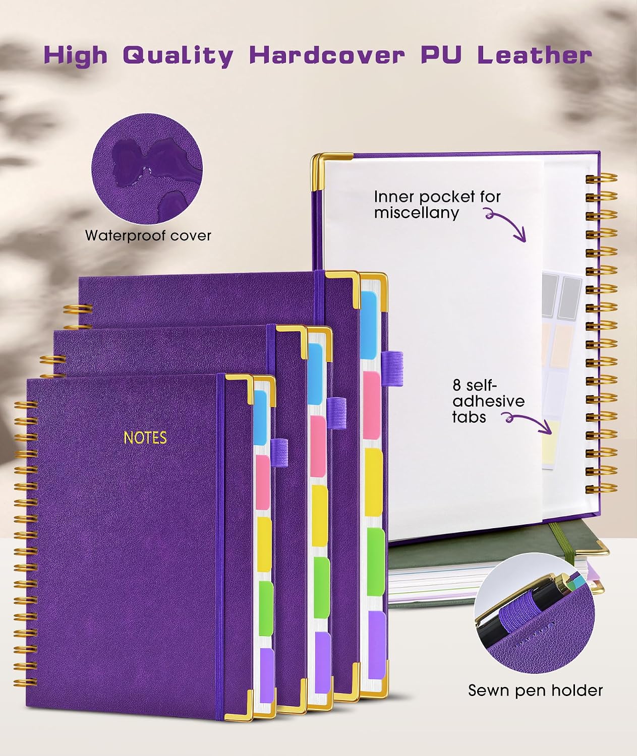 Detalle 2 de dilitego 5-Subject Spiral Notebook, 300 Pages, Leather Hardcover, Removable Dividers