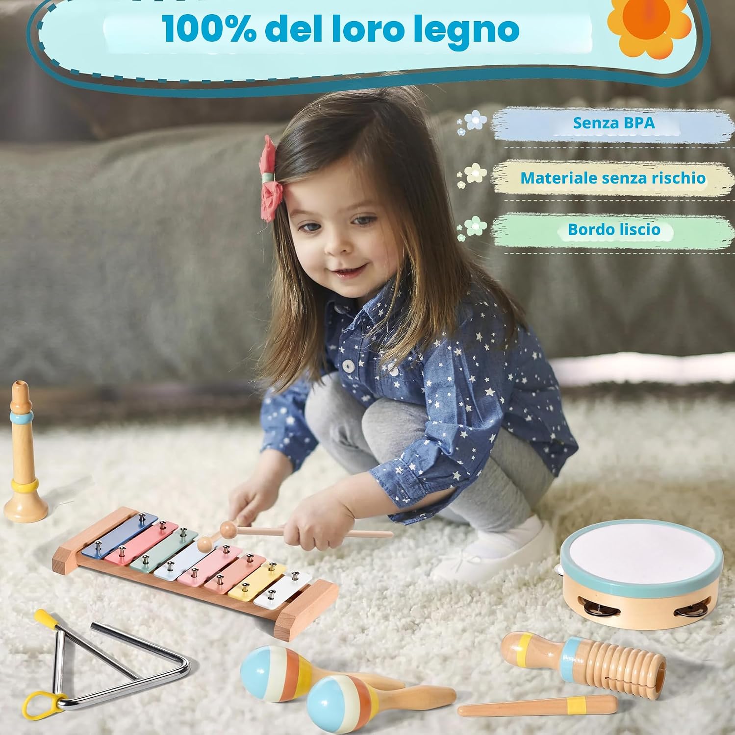 Detalle de Set strumenti musicali in legno Montessori 6 in 1 per bambini (1 anno) con maracas, xilofono e tamburi