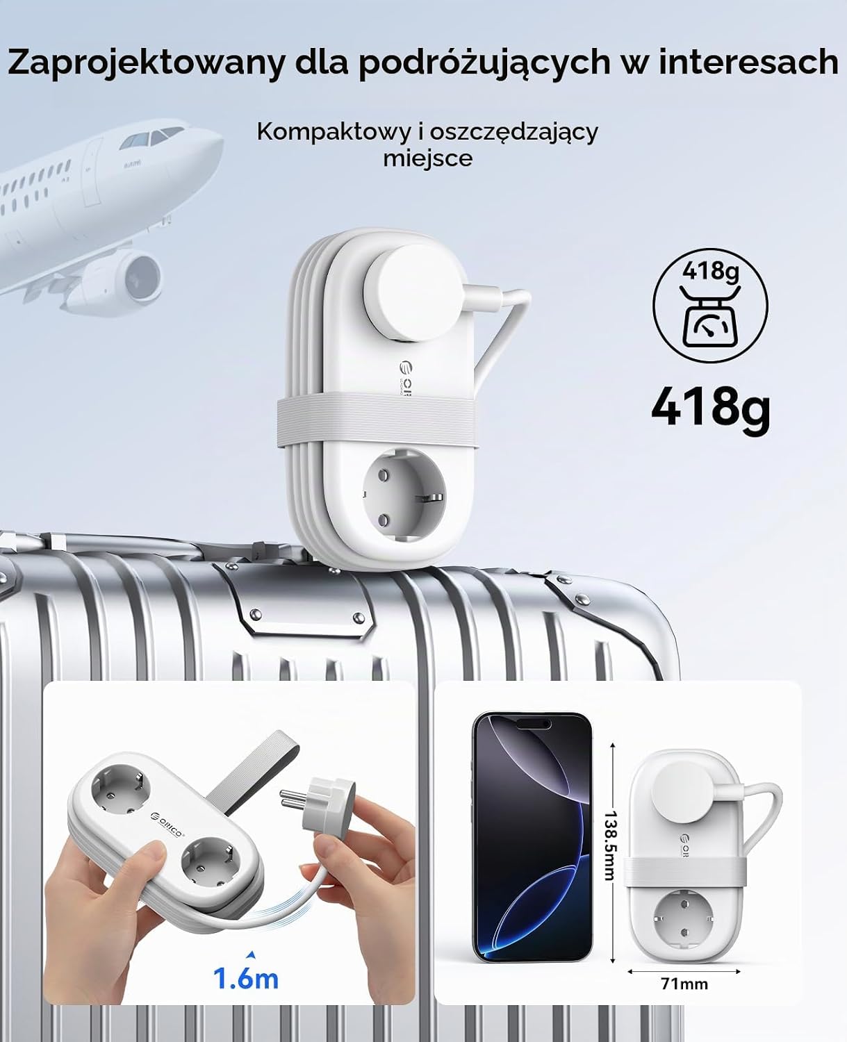 Detalle de ORICO AP3 – podróżna listwa zasilająca GaN 65 W, 2 gniazda i 4 porty USB