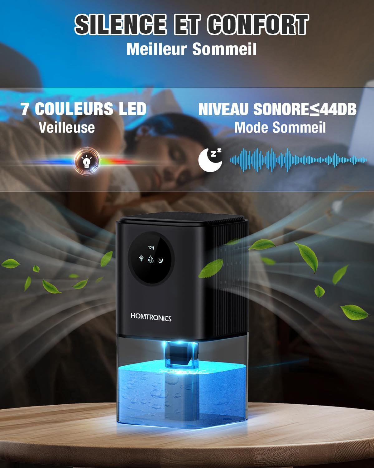 Detalle de Homtronics HTNDEKDM02B-N3 luchtontvochtiger, 1,7 l, zwart met 7-kleurenlicht