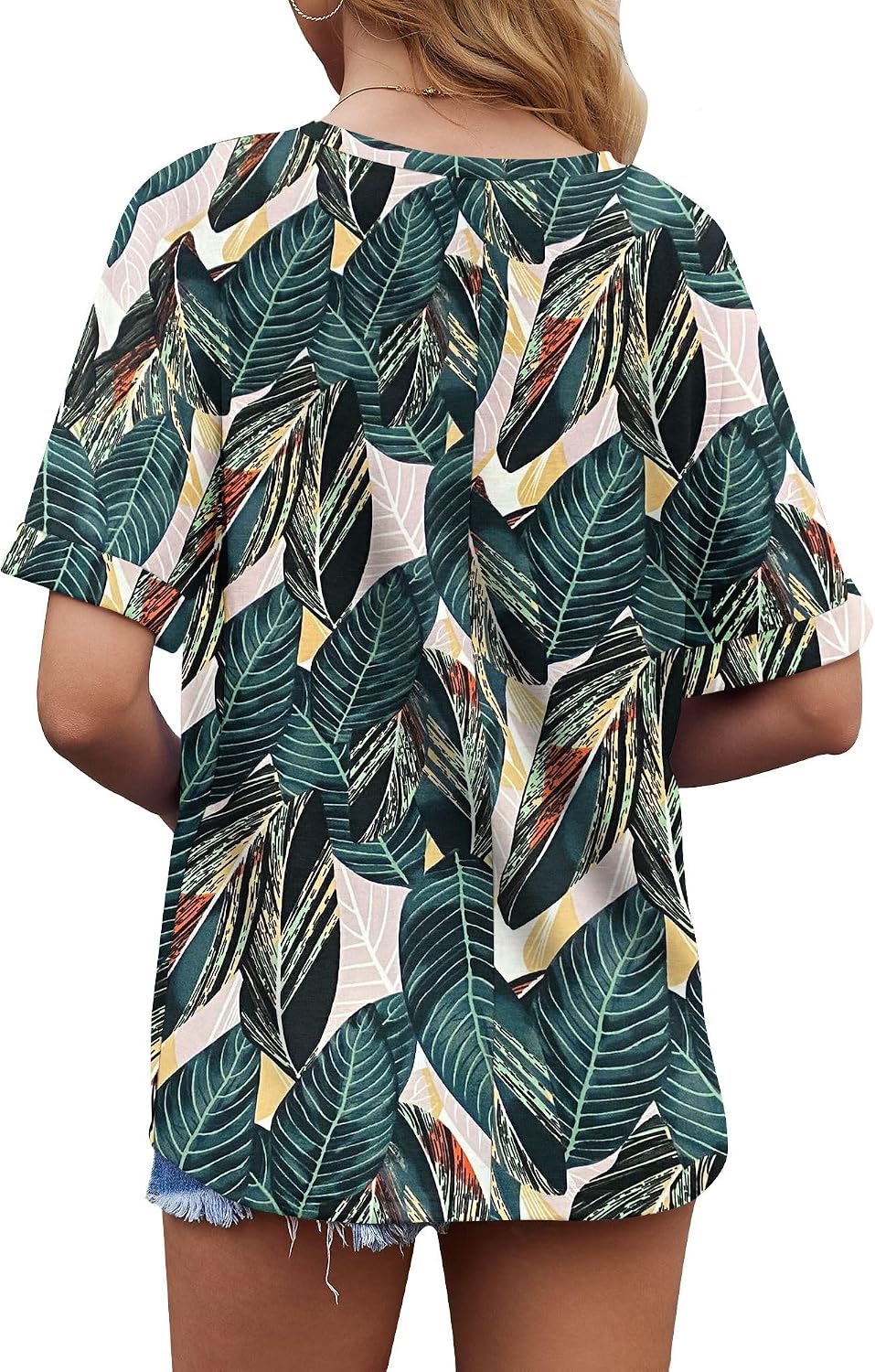 Thumbnail 3 de WNEEDU Tee-shirt oversize femme à col V pour l’été, manches courtes