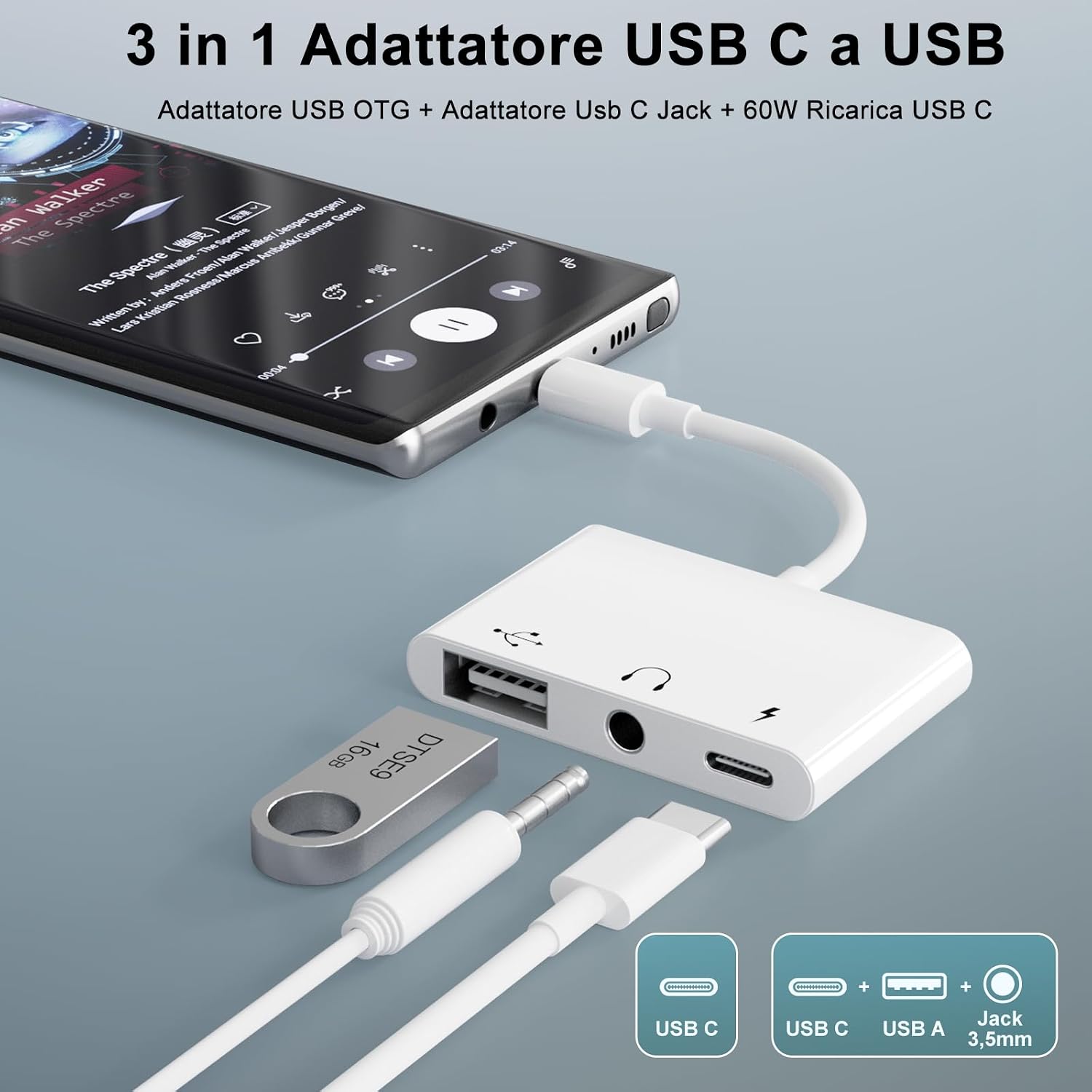 Detalle de Uniytriox Adattatore USB C 3 in 1 con Audio 3,5 mm e PD 60 W