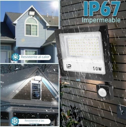 Detalle 2 de YZYFACAI Foco LED Exterior 50W con Sensor de Movimiento IP67, 5000 lm y 7000K