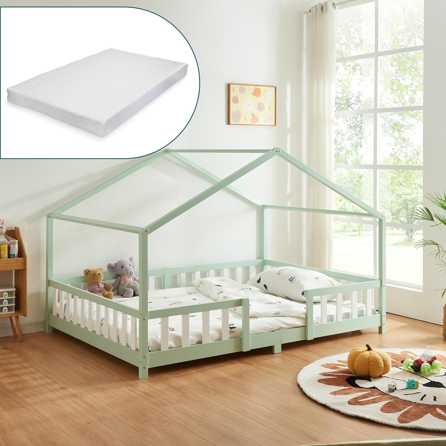 Thumbnail 5 de Letto per Cameretta Singolo a Forma di Casetta con Barriera in Legno di Pino e Materasso in Schiuma Fredda 90x200 cm Rosa/Bianco