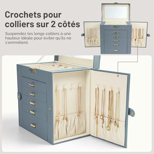 Detalle 2 de KAMIER Boîte à bijoux pour femme – grande boîte de rangement à 6 couches avec miroir et 5 tiroirs, bleu-gris
