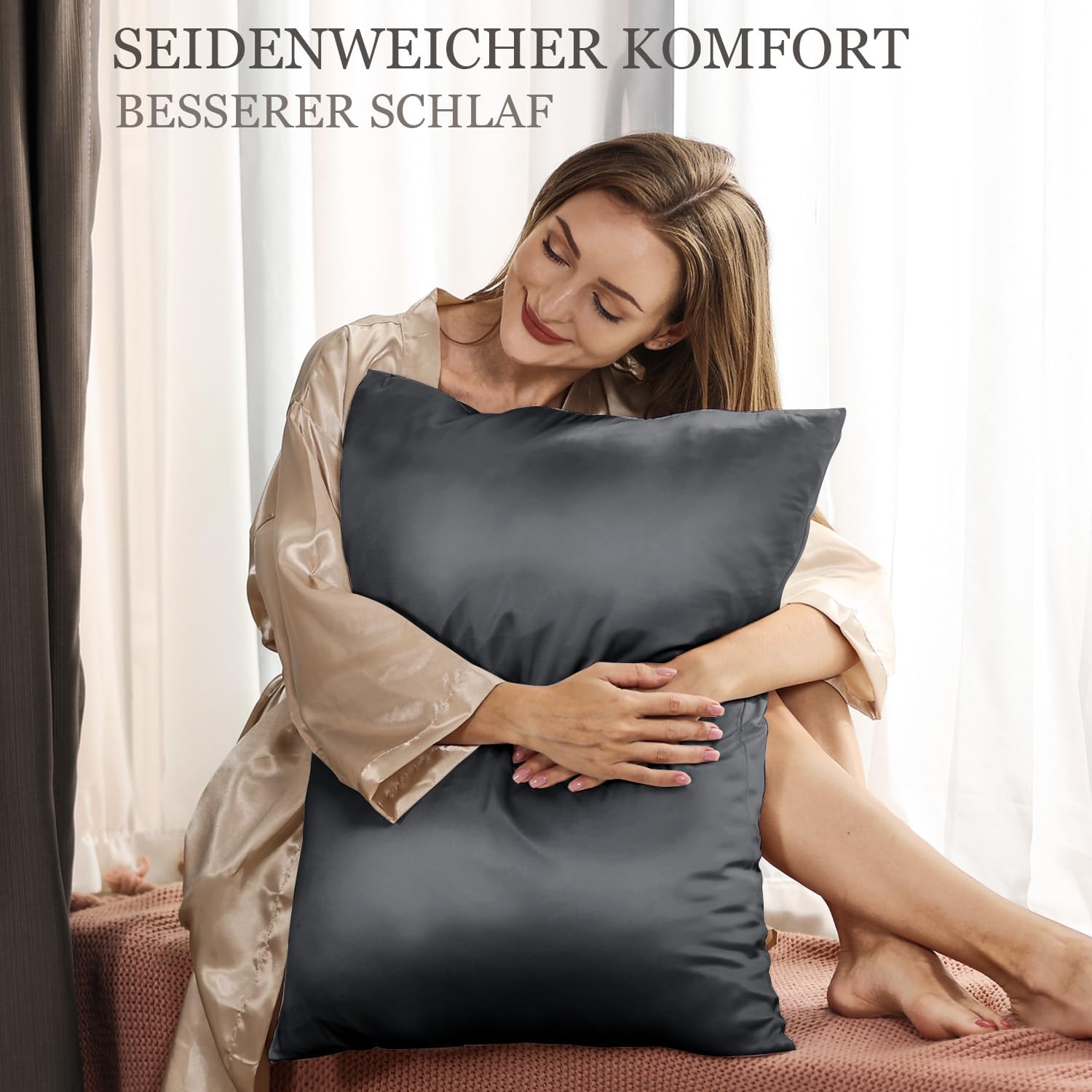 Thumbnail 1 de Adubor 100% Seidenkissenbezug 40x80 cm (23 Momme, 900 Fadenzahl) mit verstecktem YKK-Reißverschluss – Grau, 1 Stück