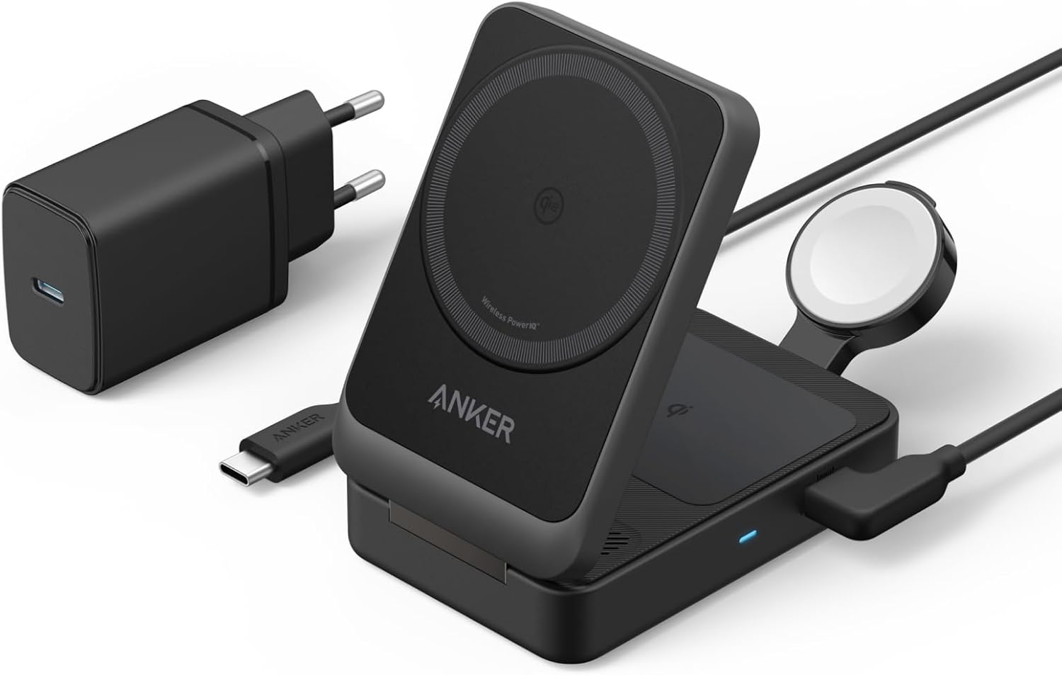 Detalle de Anker MagGo 3-in-1 Ladestation (Qi2, MagSafe kompatibel) mit Apple Watch Ladegerät – 15W kabellos