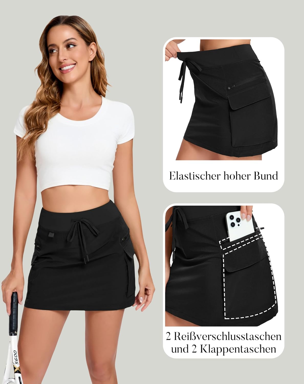 Detalle de Timuspo Jupe de golf cargo femme à séchage rapide, taille haute (au-dessus du genou), poches zippées