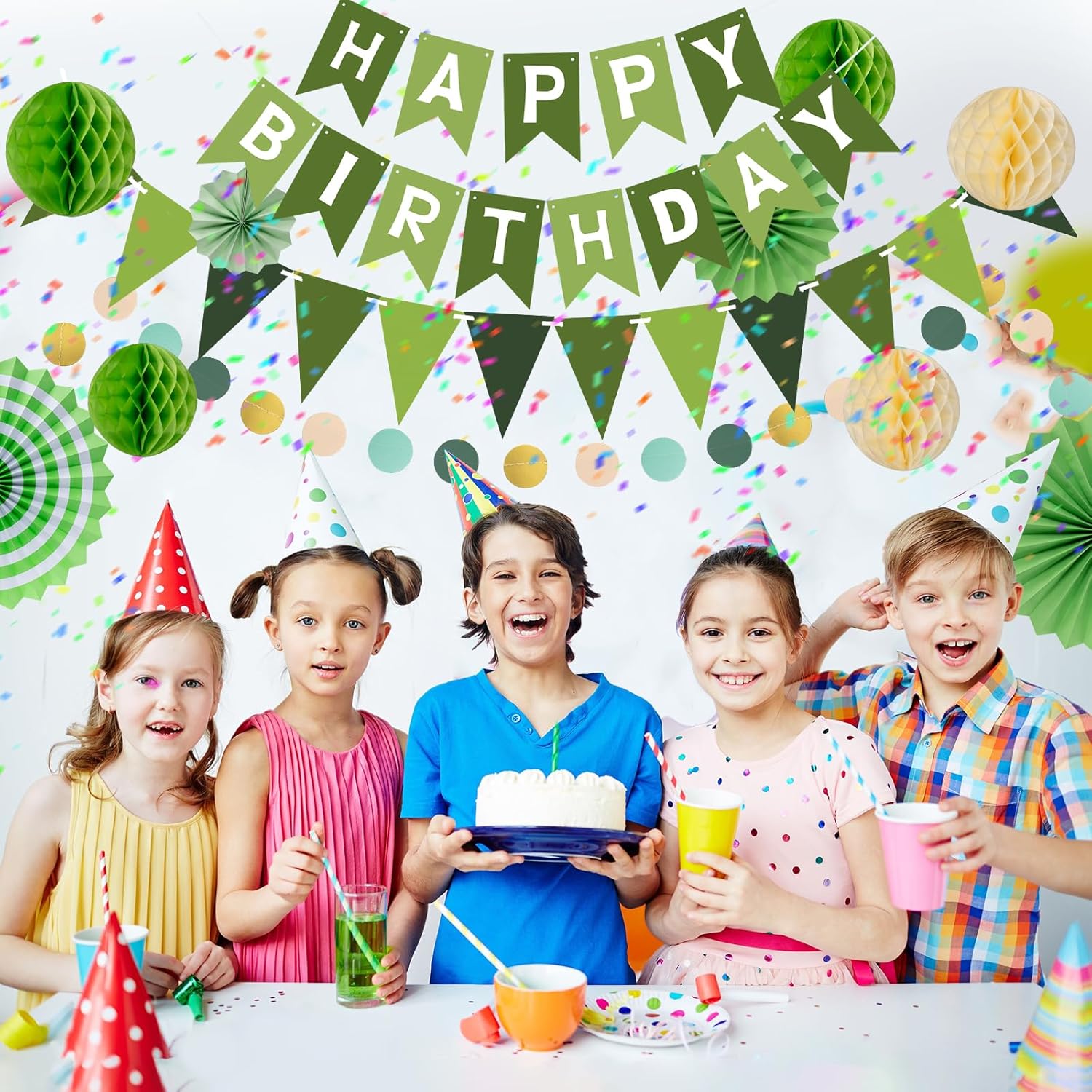 Thumbnail 5 de Meowoo Geburtstagsdeko in Grün – Happy Birthday Girlande mit Wimpelkette, Papierfächern & Wabenblumen (wiederverwendbar)