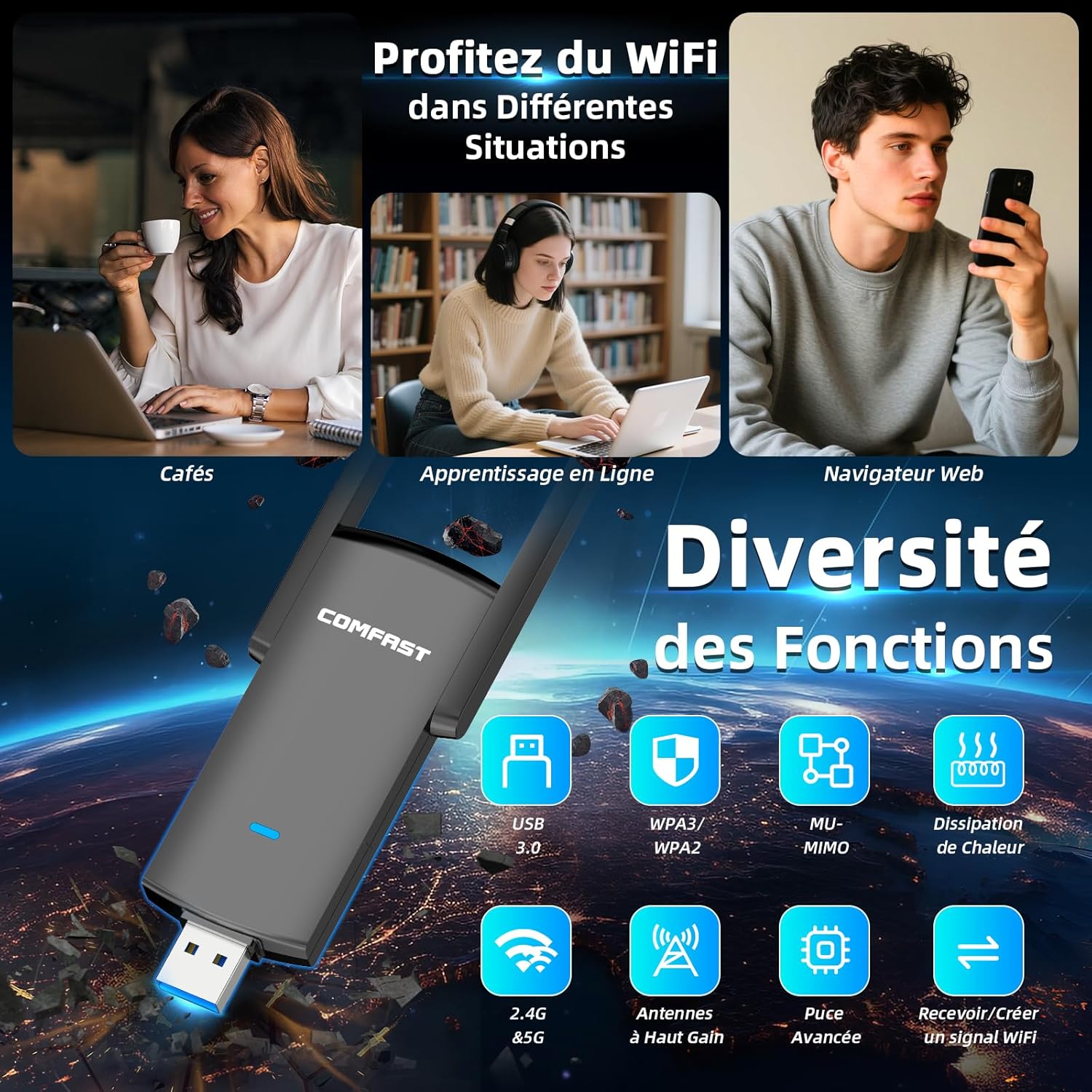 Thumbnail 6 de COMFAST Clé WiFi Puissante AC1300Mbps (Dual Band) – Dongle USB PCI pour PC, 2,4/5,8 GHz, WPA3