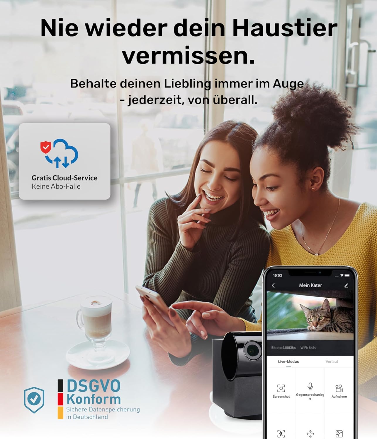 Detalle de PetTec Cam 360° 2er Set – Haustierkamera mit App, 360°-Schwenk, Nachtsicht und Zwei-Wege-Audio