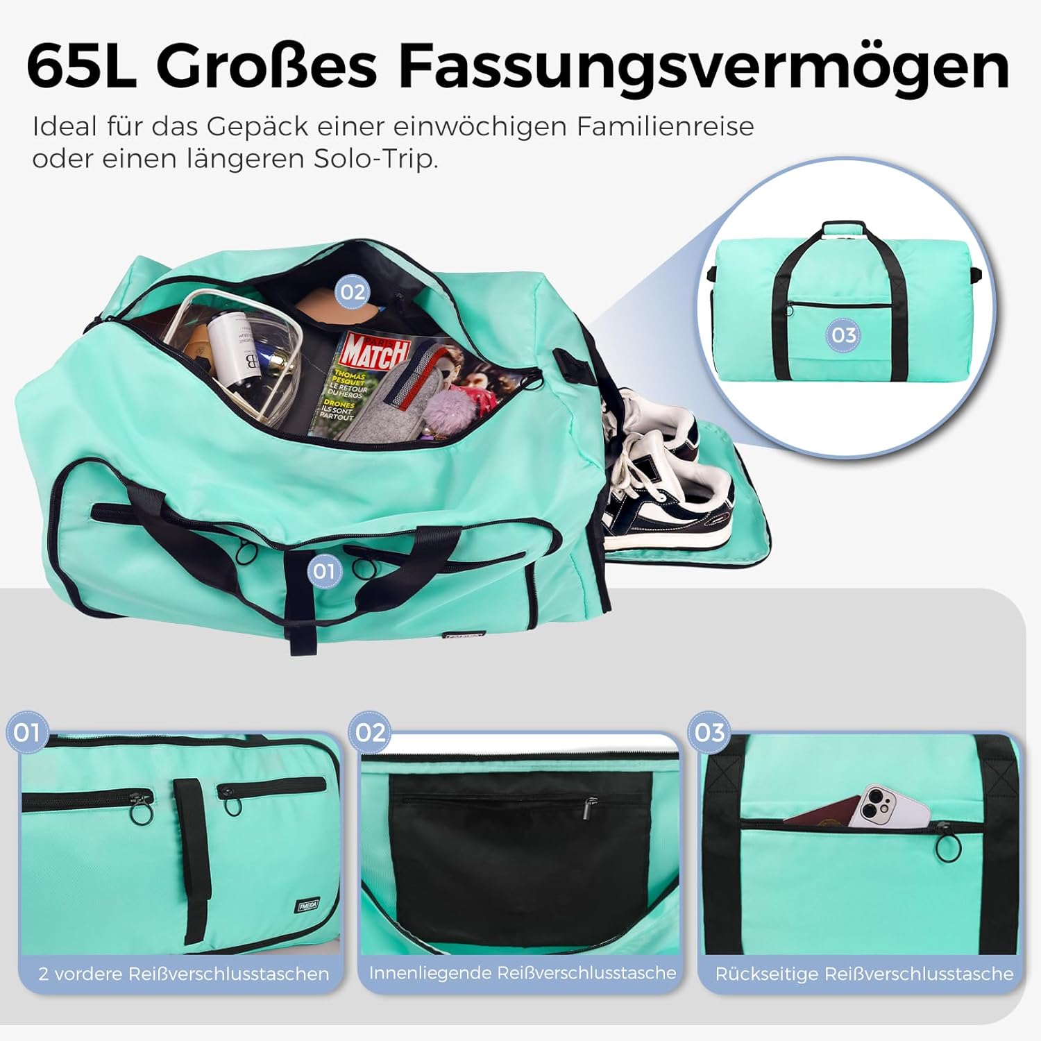 Detalle de Fmeida Reisetasche 65L (faltbar) mit Schuhfach – Duffle Bag & Kliniktasche in Mintgrün
