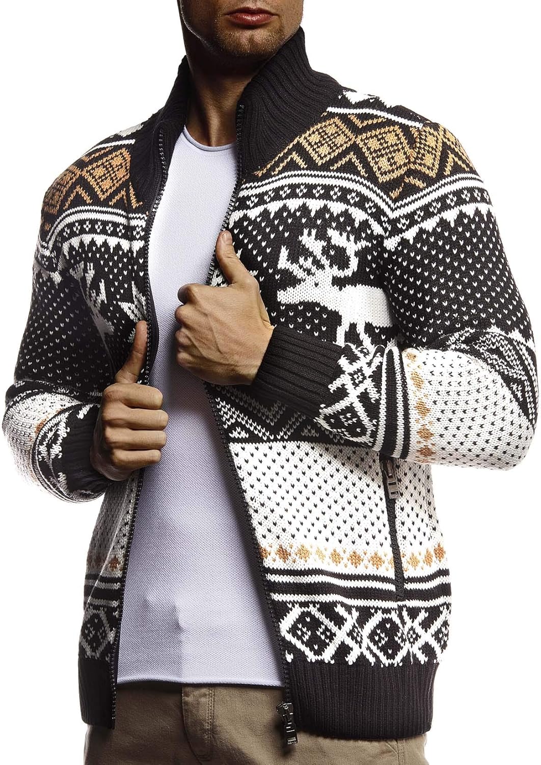 Thumbnail 6 de Leif Nelson LN20759 Veste en tricot avec col montant pour homme – Grosse maille, motif norvégien