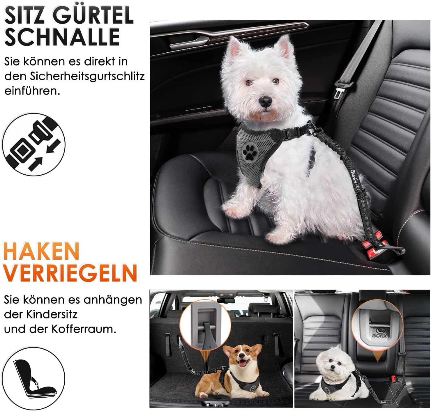 Detalle de Eyein Hunde-Sicherheitsgurt für Auto (3-in-1), verstellbar mit elastischer Ruckdämpfung, reflektierend, 70 cm – Schwarz