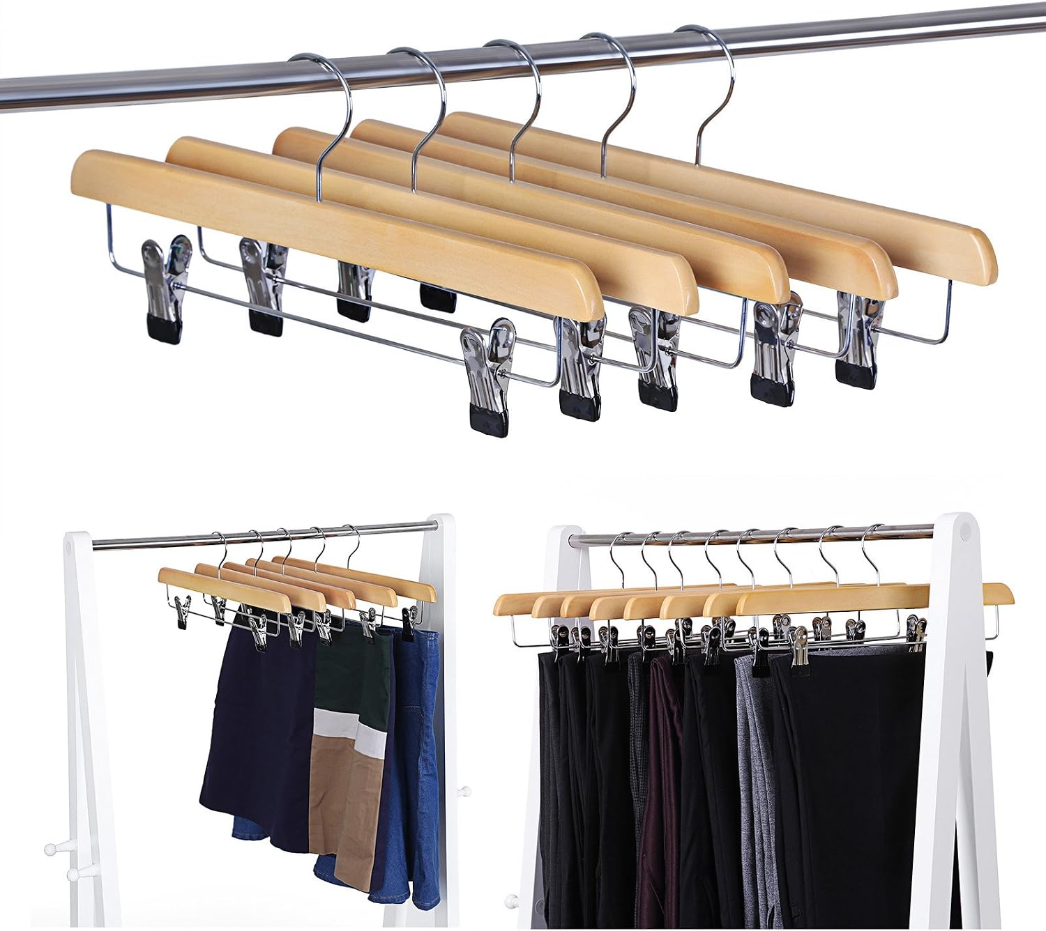 Detalle 2 de SONGMICS Solid Wood Skirt & Trousers Hangers (Pack of 8) with Non-Slip Clips, 360° Swivel CRW008-8