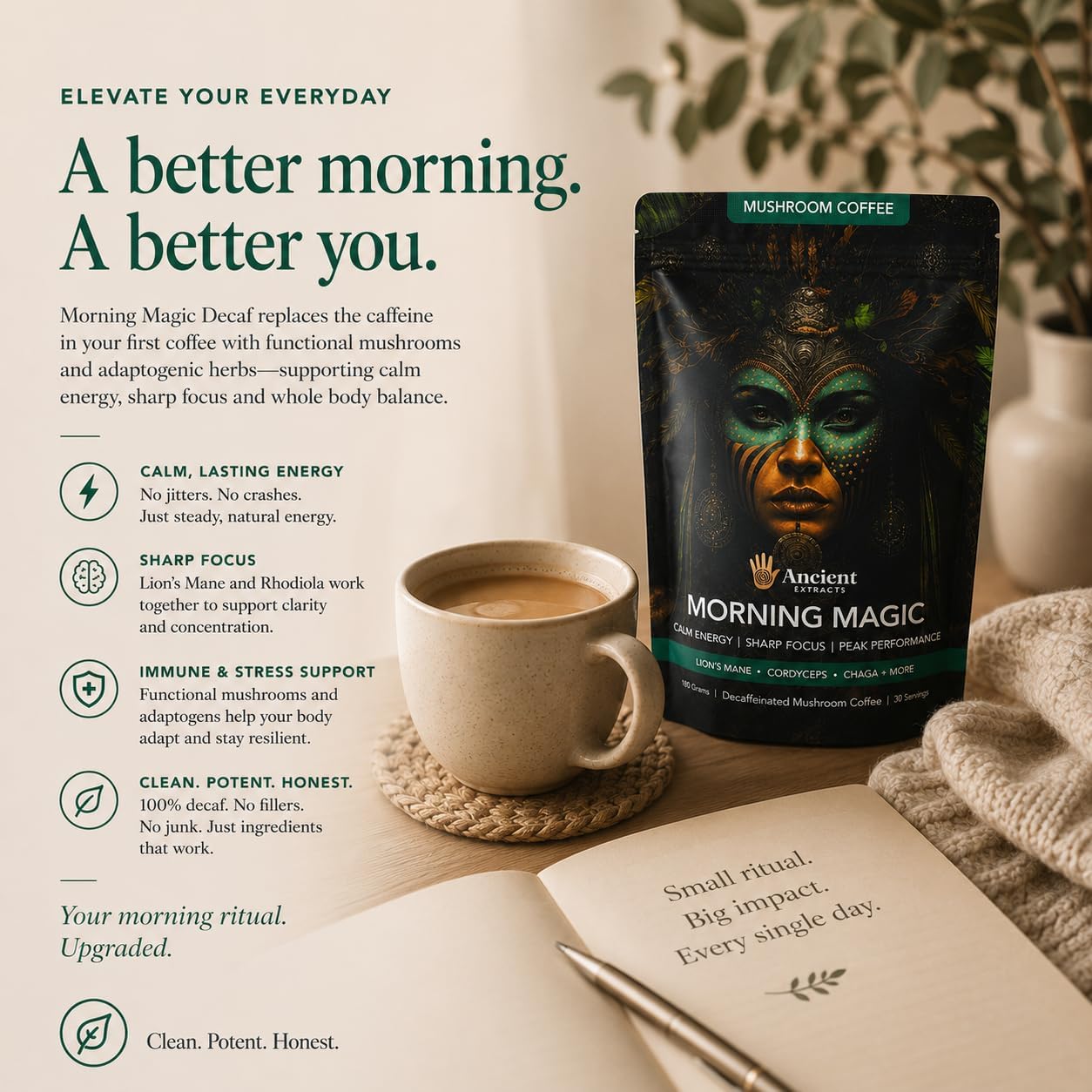 Detalle 2 de Ancient Extracts Morning Magic Mushroom Coffee Decaf (180g) with Lions Mane, Cordyceps, Ashwagandha & Maca Root