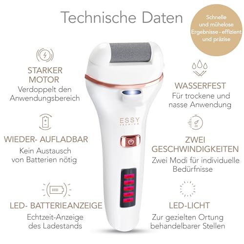Detalle 2 de Essy Elektrische Fußfeile Wiederaufladbar mit 5 Ersatzrollen (Weiß) – Effiziente Hornhautpflege für Zuhause