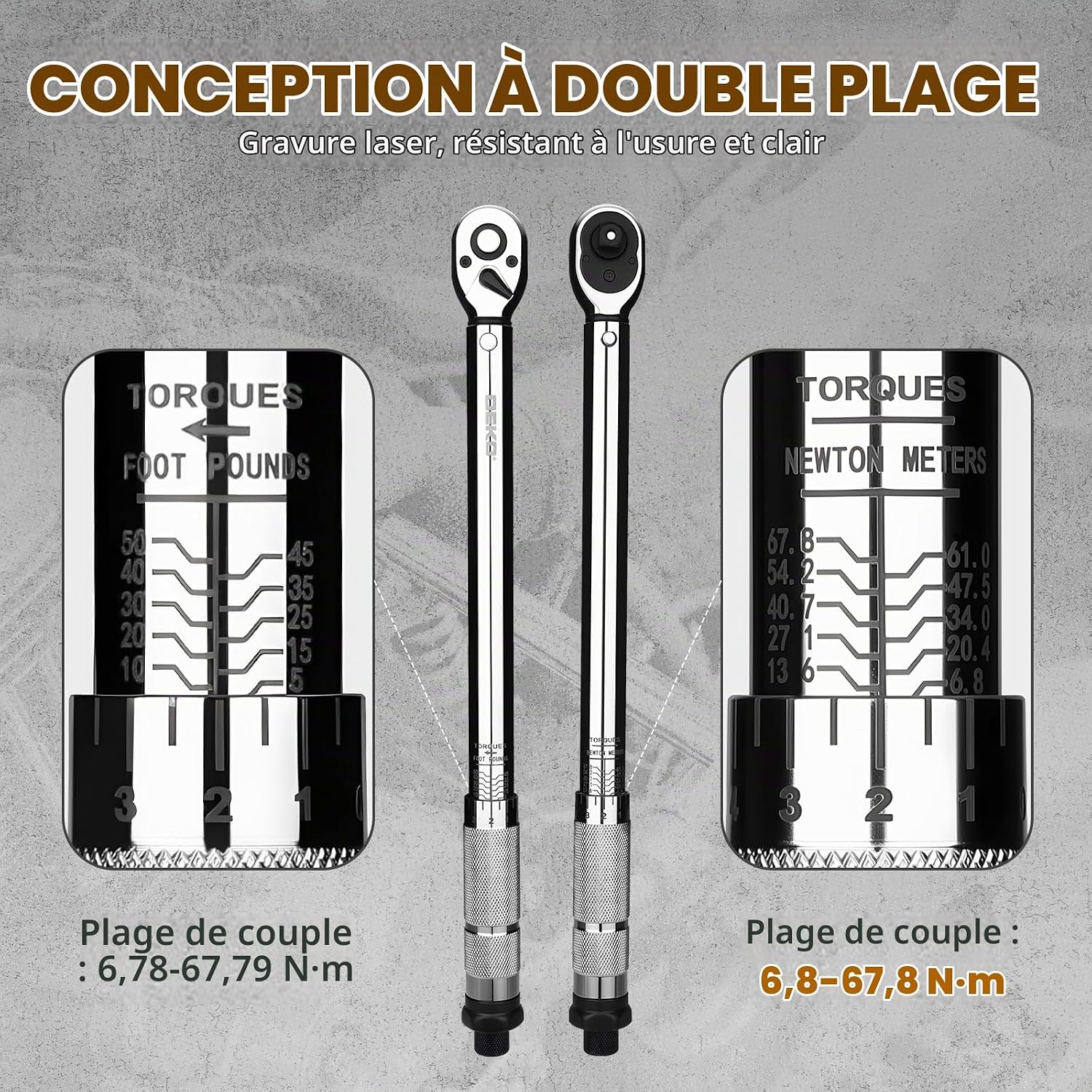 Detalle de DEKOPRO DKHWTW0002 momentsleutel 3/8, 6,8–67,8 Nm en 72 tanden