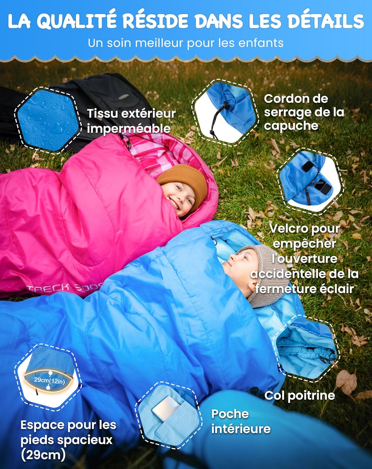 Thumbnail 4 de KingCamp sac de couchage enfant en flanelle coton (momie) 6 à 10 ans, jusqu’à 100–145 cm, compact et chaud
