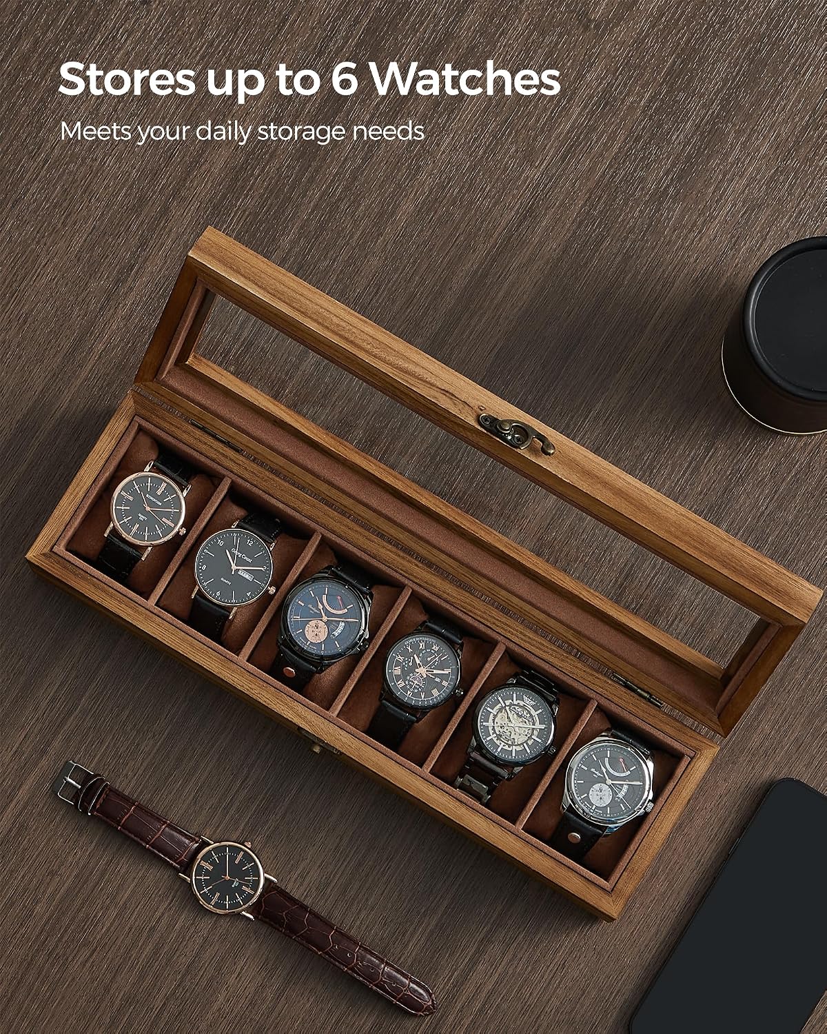 Thumbnail 2 de SONGMICS Watch Box JOW006K01 – 6-Slot Solid Wood Display Case with Glass Lid