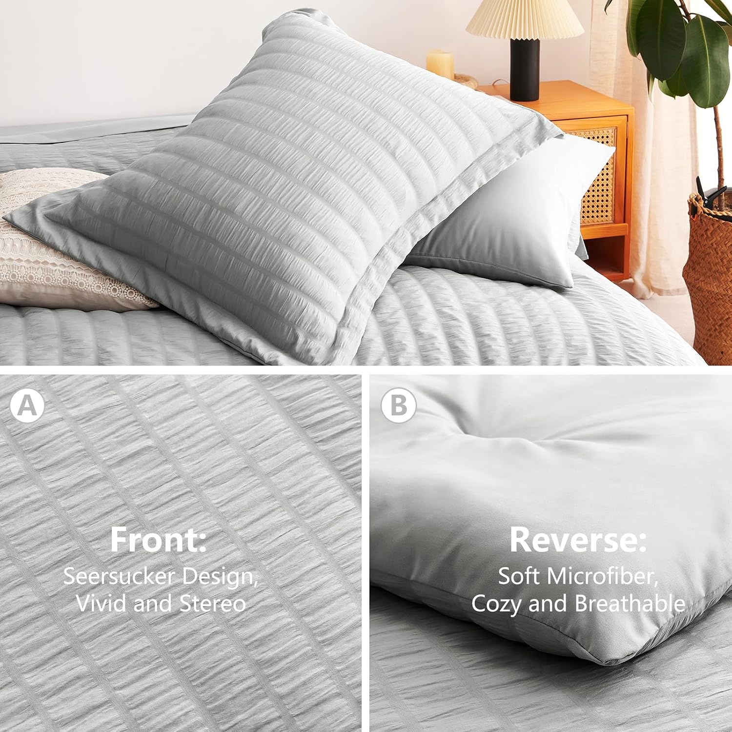 Detalle de CozyLux Queen Seersucker 7-Piece Bedding Set in Gray - Soft Microfiber & Wrinkle-Resistant Comfort