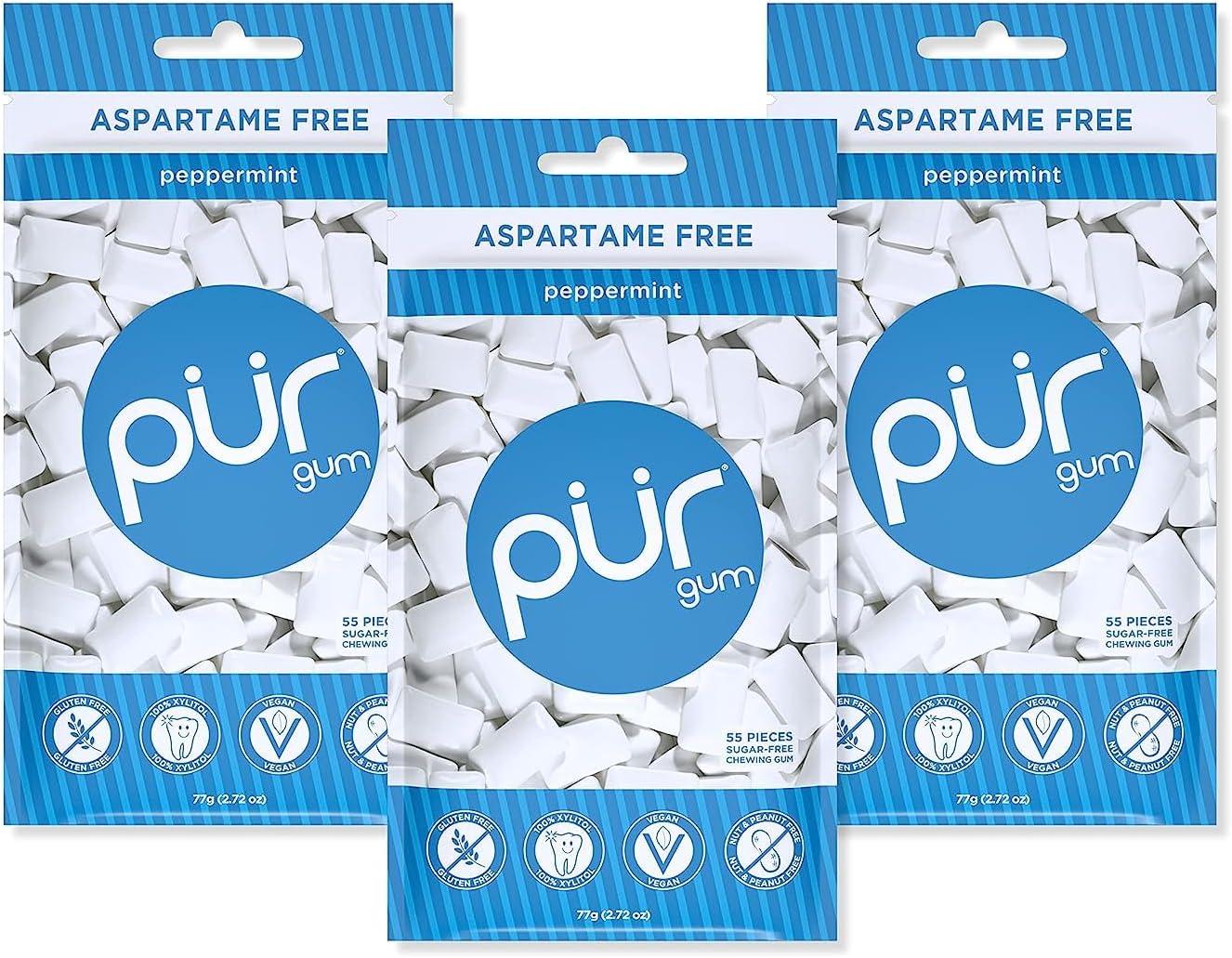 Detalle de PUR Gum Peppermint – Chewing-Gum sans sucre au xylitol, végan, sans gluten et sans ASPARTAME, 55 pièces (lot de 3)