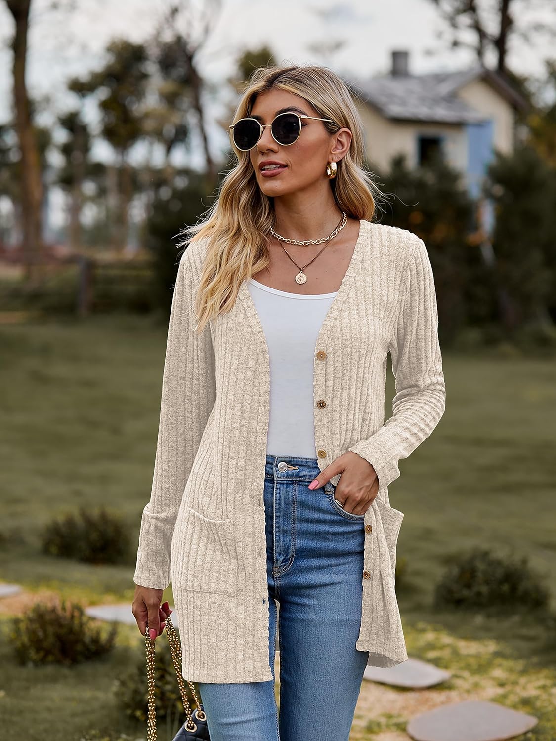 Detalle 2 de Famulily Women's Long Sleeve Open Front Cardigan with Pockets