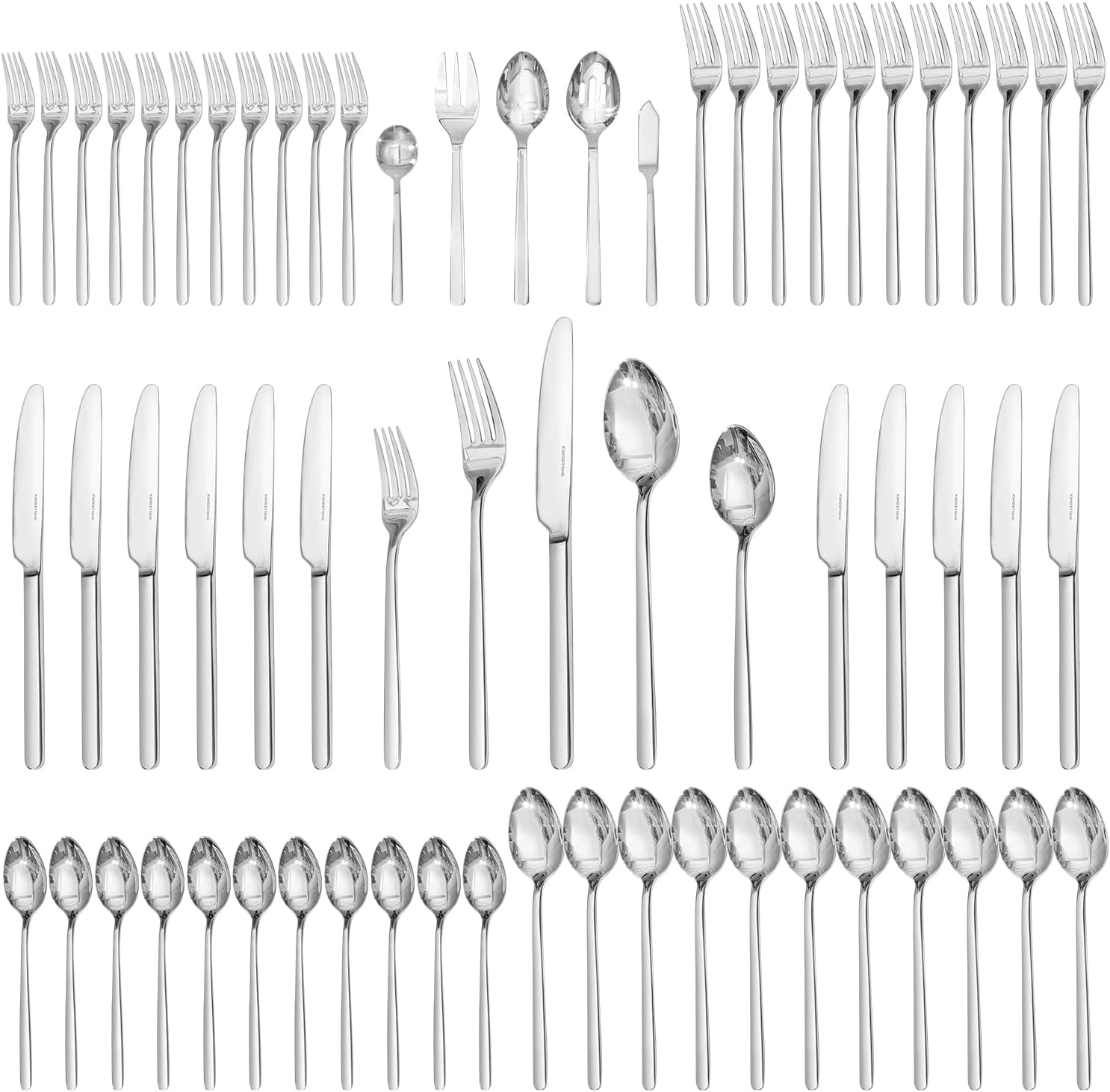 Detalle de KINGSTONE 65-Piece Silverware Set for 12 — 18/10 Stainless Steel, Mirror Finish, Dishwasher Safe