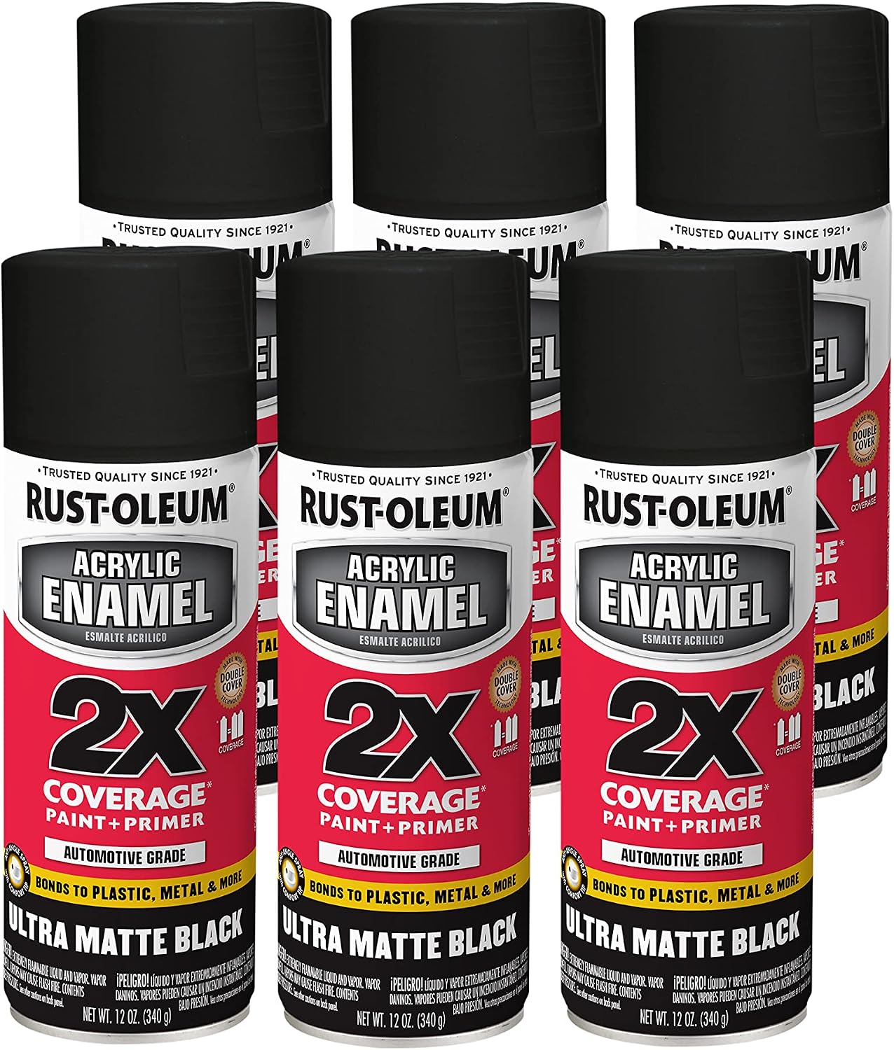 Detalle de Rust-Oleum Acrylic Enamel 2X Spray Paint, Ultra Matte Black, 6-Pack
