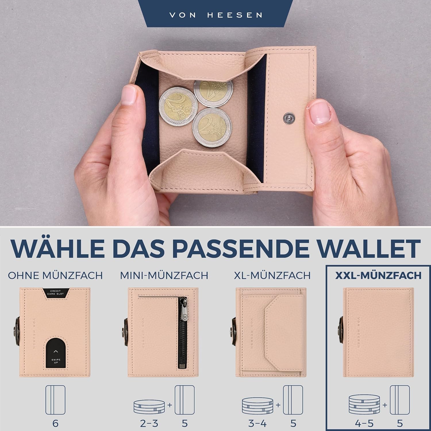 Thumbnail 5 de VON HEESEN Slim Wallet mit XXL Münzfach und RFID-Schutz – Nappa-Leder Kartenetui klein in Rose