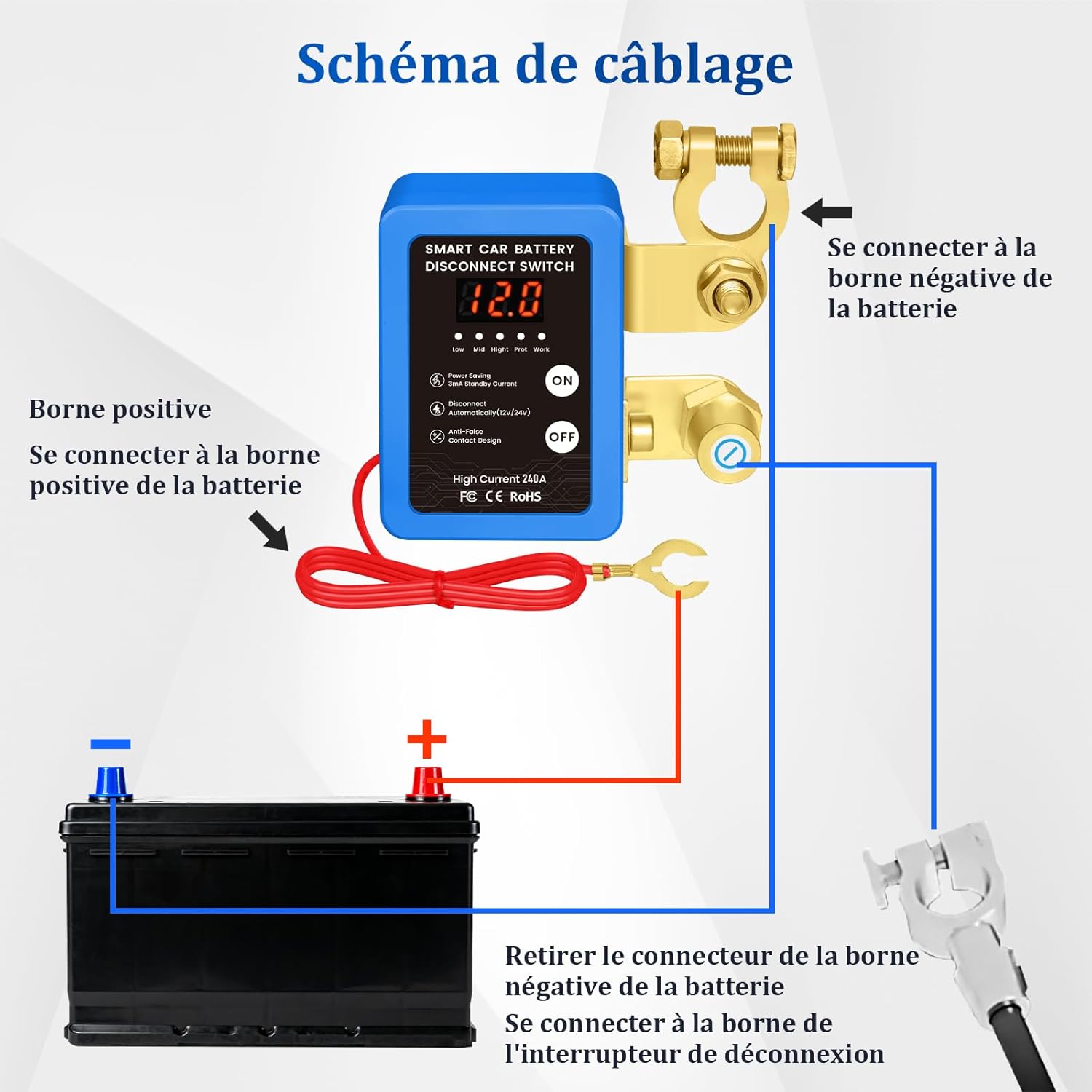 Detalle 2 de Kedifoai Coupe Circuit Batterie 12 V télécommandé sans fil avec affichage LED