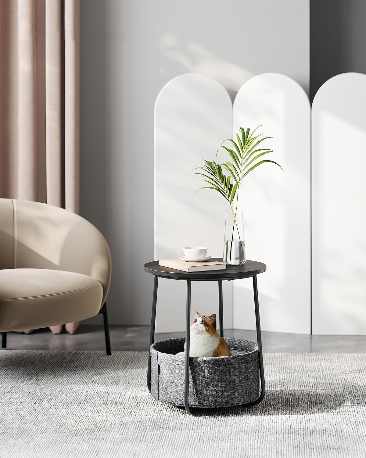 Detalle 2 de VASAGLE LILEA LET223B01 Round Side Table with Fabric Basket, Ebony Black and Slate Grey