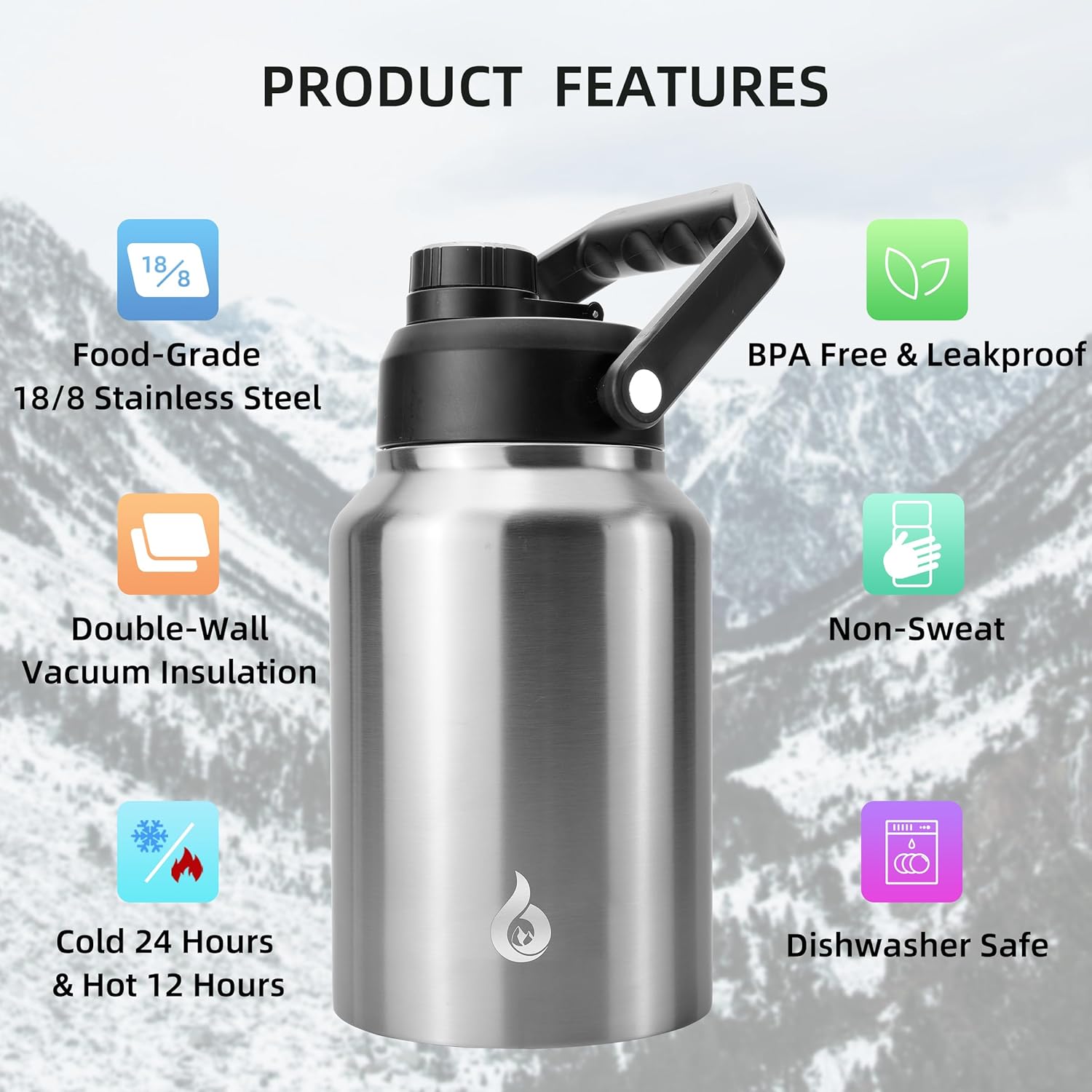 Detalle de BJPKPK 64 oz Insulated Water Bottle – Half Gallon Stainless Steel Jug with Ergonomic Handle