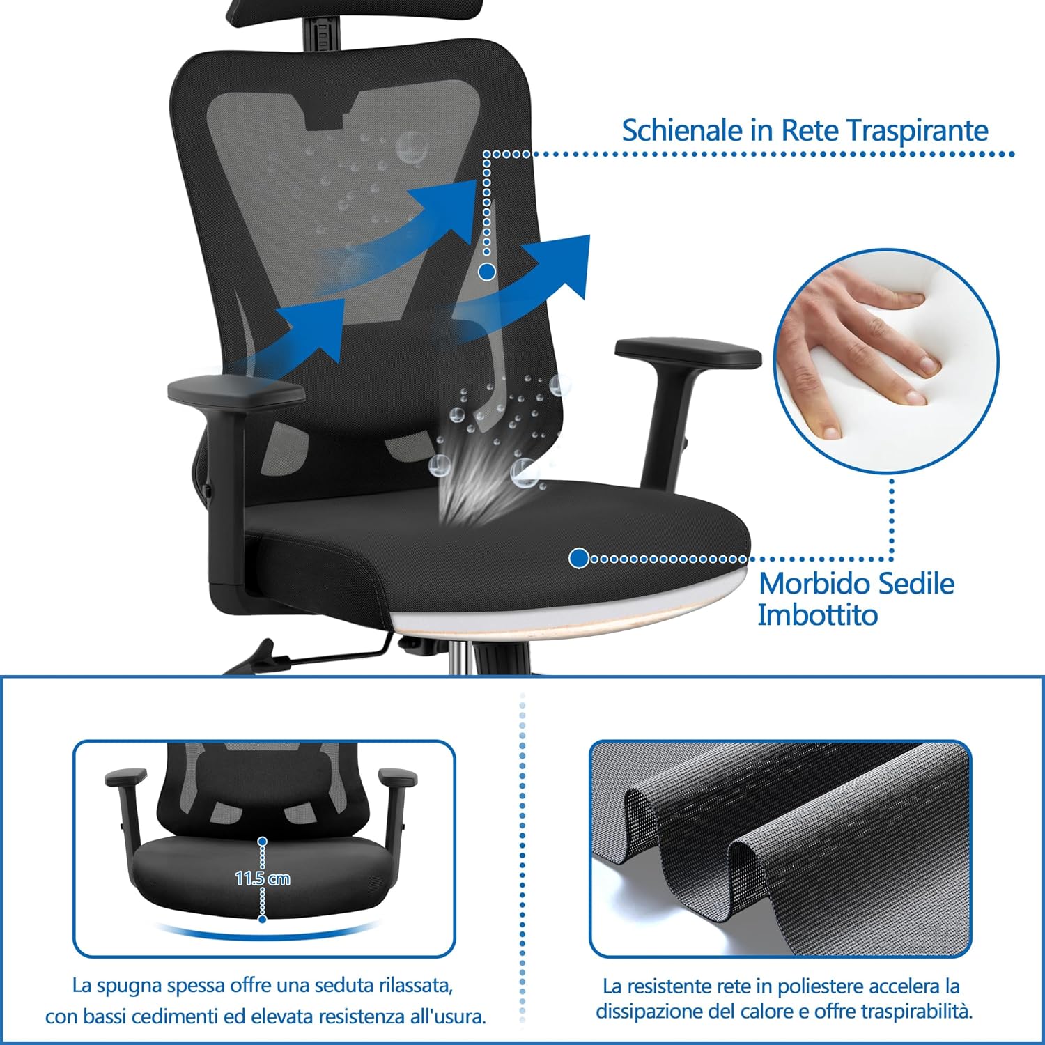 Thumbnail 4 de Yaheetech Poltrona da Ufficio Ergonomica con Schienale a S, Reclinabile e Bloccabile tra 90° e 130° (Rete Traspirante)