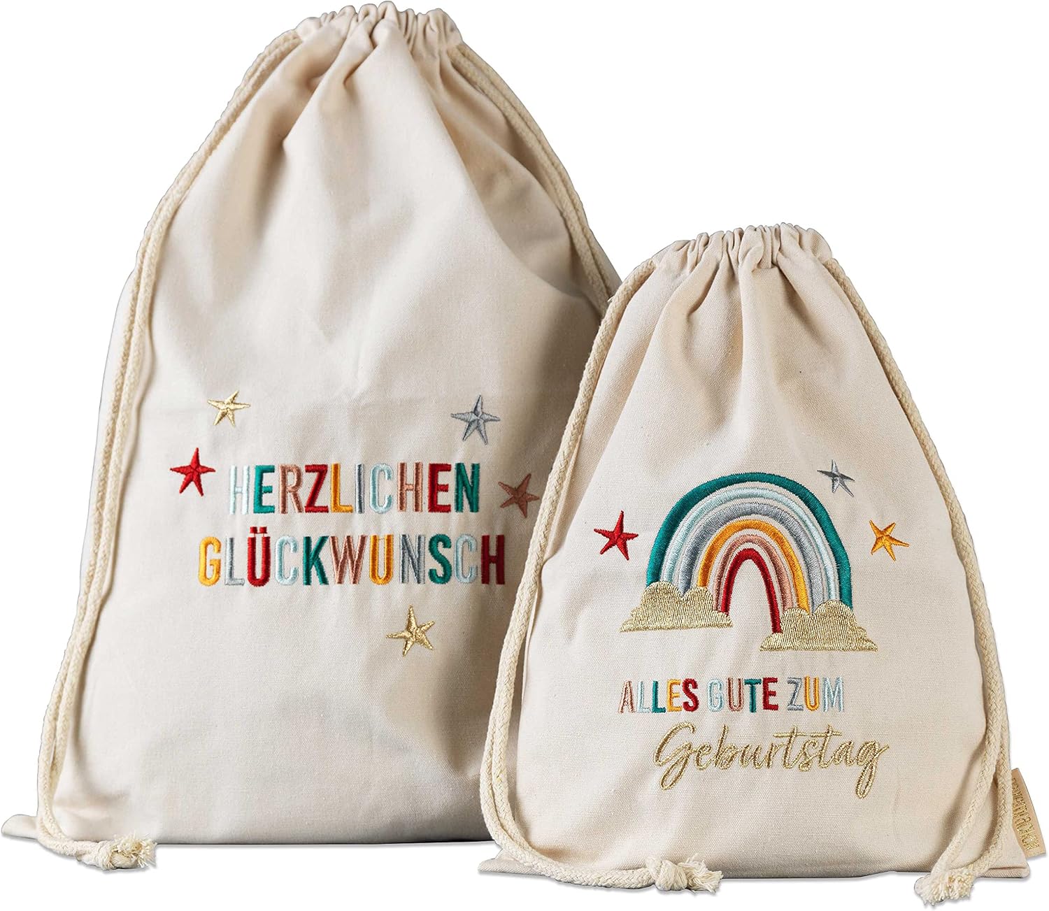 Detalle de Papierdrachen Papierdrachen 2 Geschenksäckchen zum Geburtstag – Regenbogen aus Baumwolle, bestickt, mit Zugband