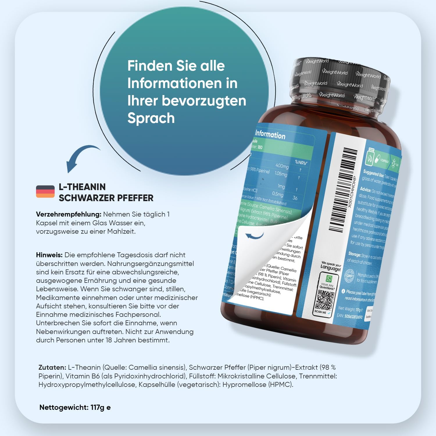 Detalle 2 de WeightWorld L-Theanin Kapseln – 401 mg pro Kapsel, 180 Kapseln, 6 Monate Vorrat